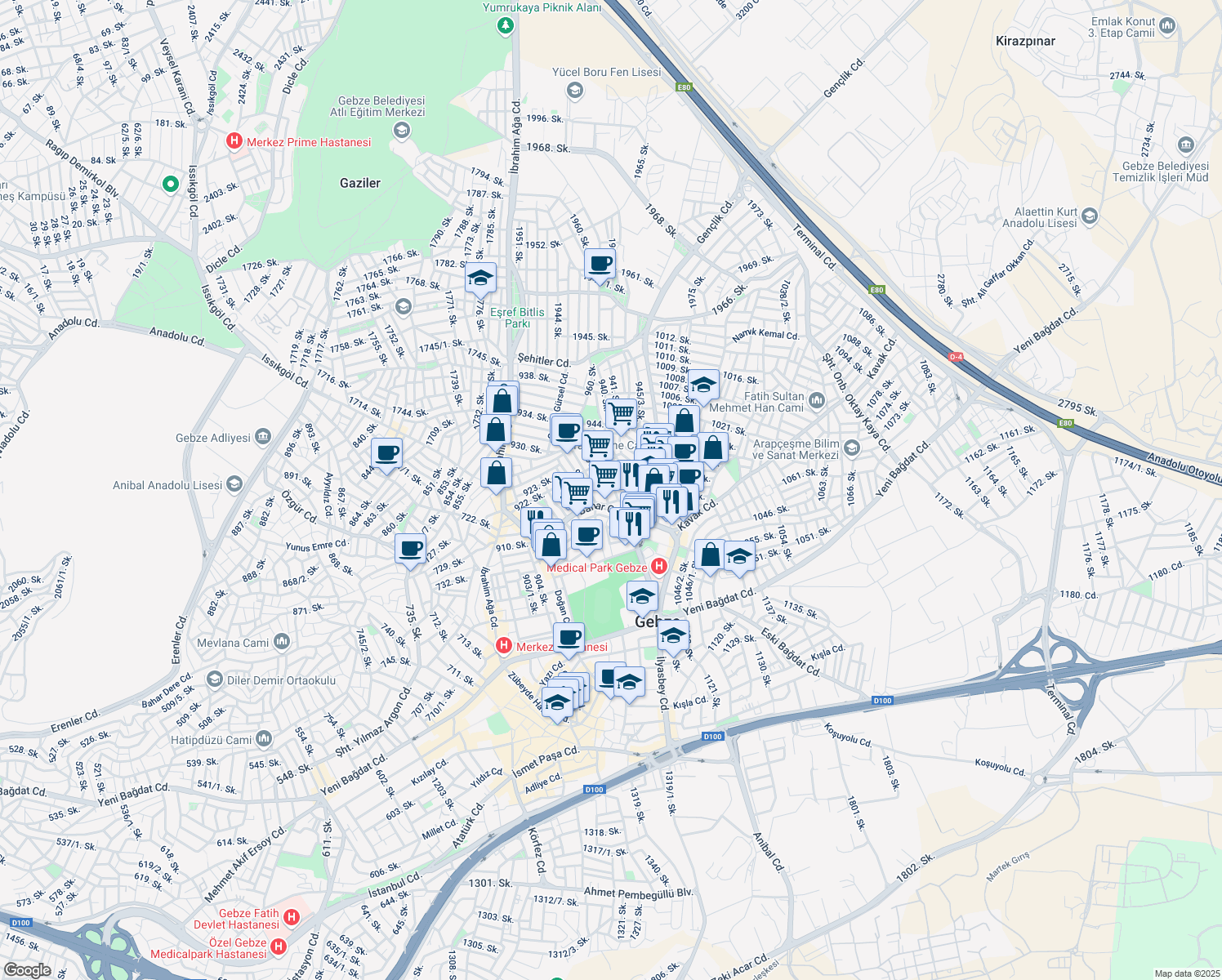 map of restaurants, bars, coffee shops, grocery stores, and more near in Gebze