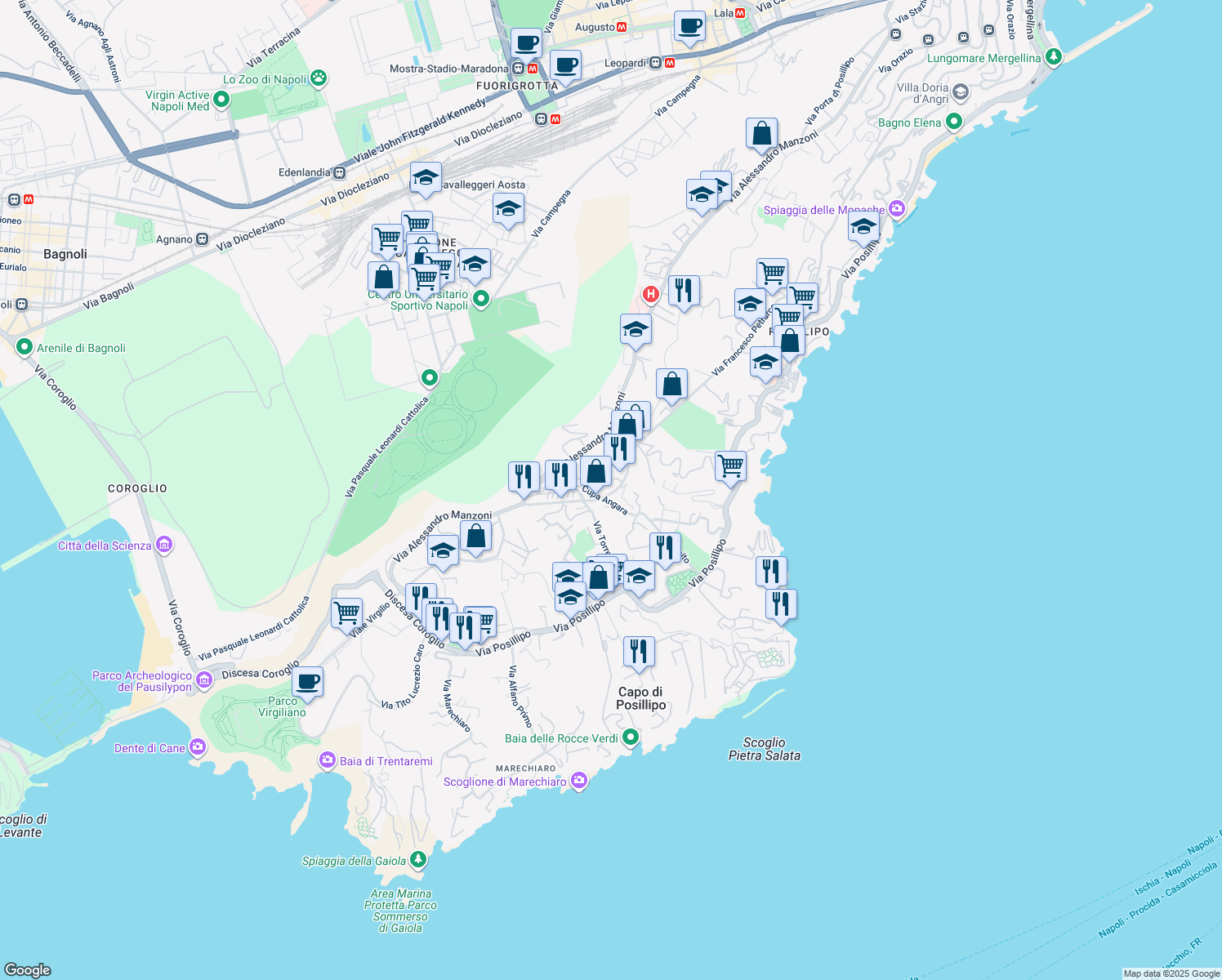 map of restaurants, bars, coffee shops, grocery stores, and more near 27 Via Francesco Petrarca in Napoli