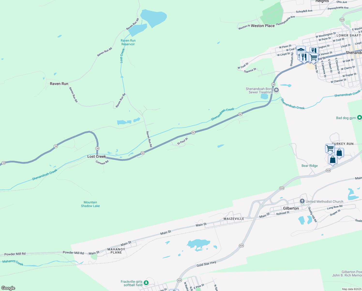 map of restaurants, bars, coffee shops, grocery stores, and more near 12 Chunky Lane in Shenandoah