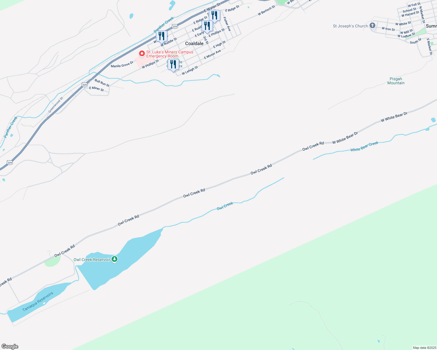 map of restaurants, bars, coffee shops, grocery stores, and more near 463 Owl Creek Road in Tamaqua