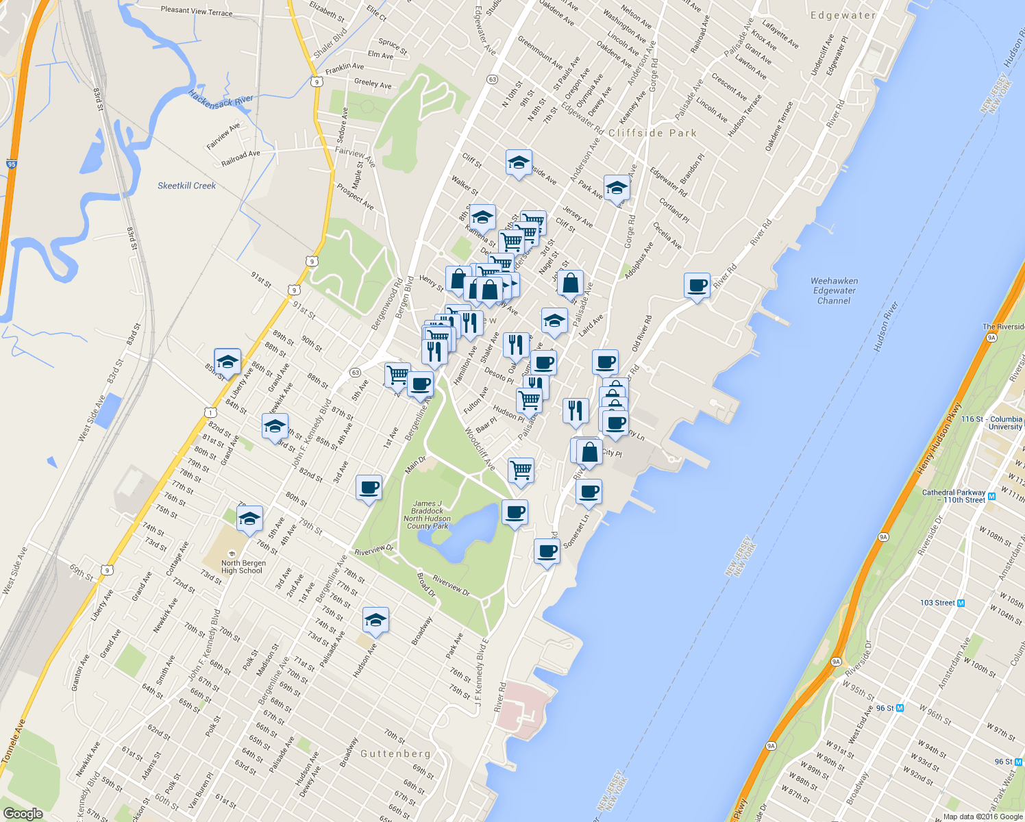 map of restaurants, bars, coffee shops, grocery stores, and more near 237 Columbus Place in Cliffside Park