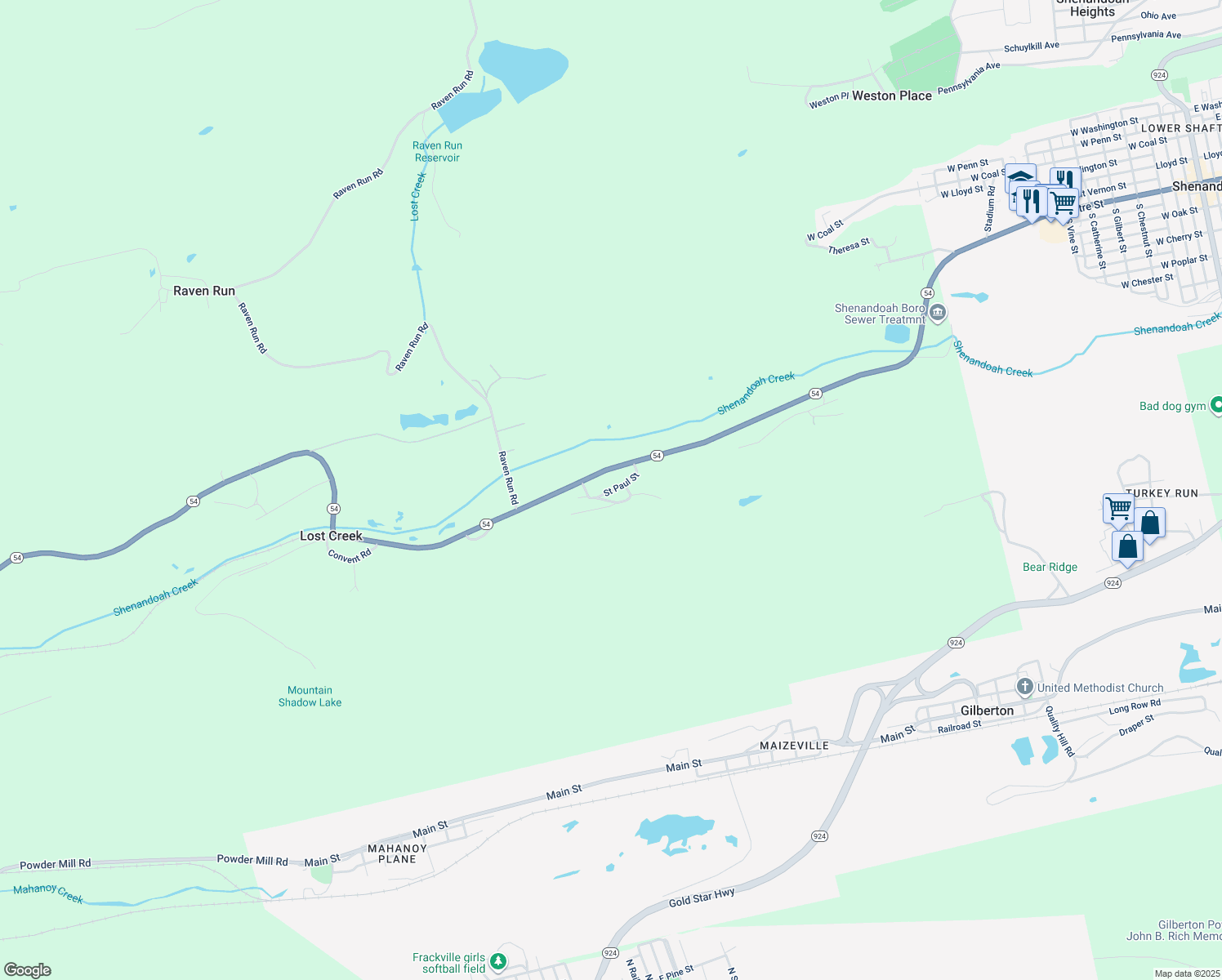 map of restaurants, bars, coffee shops, grocery stores, and more near 36 Saint Paul Street in Shenandoah