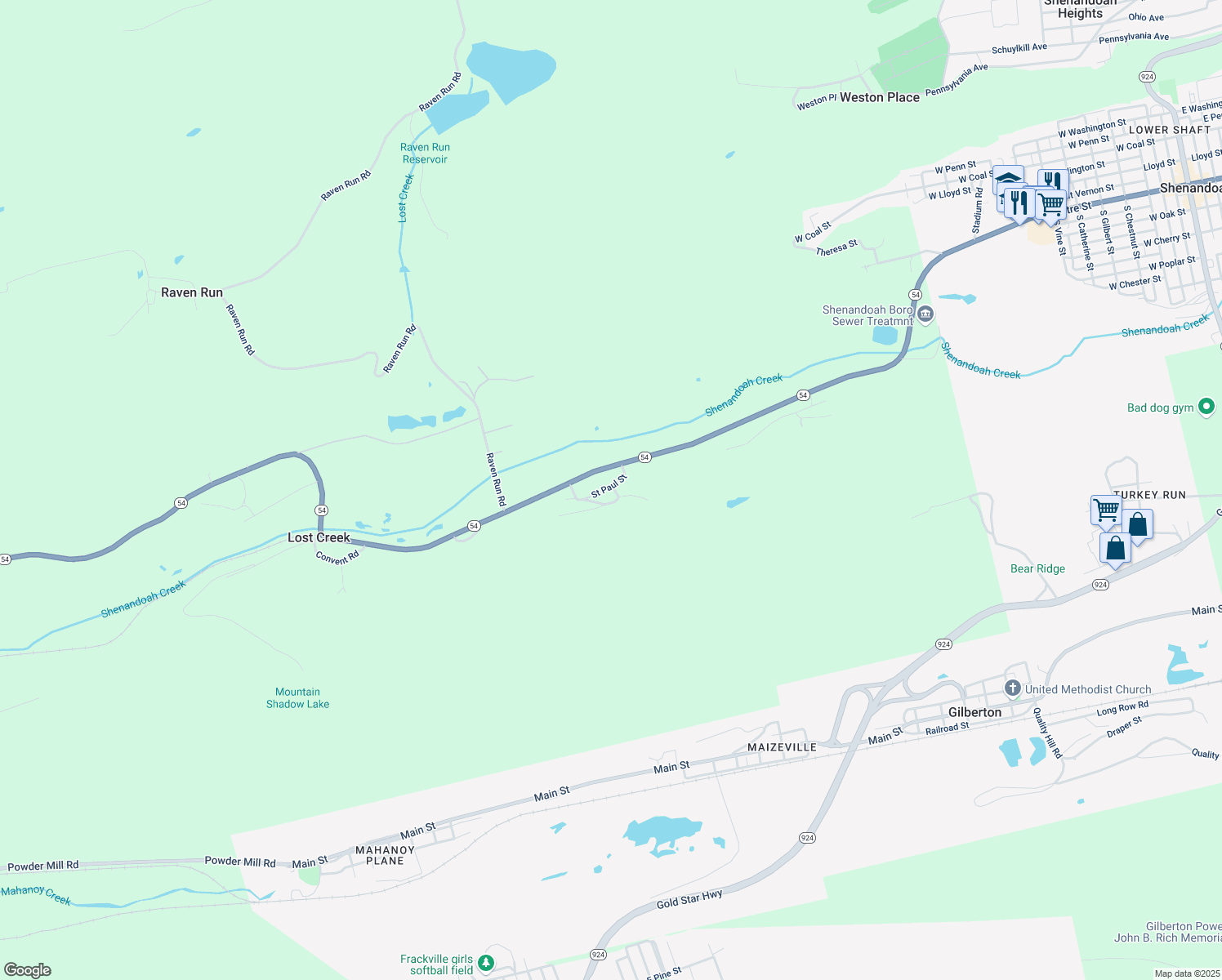 map of restaurants, bars, coffee shops, grocery stores, and more near 21 Saint Paul Street in Shenandoah