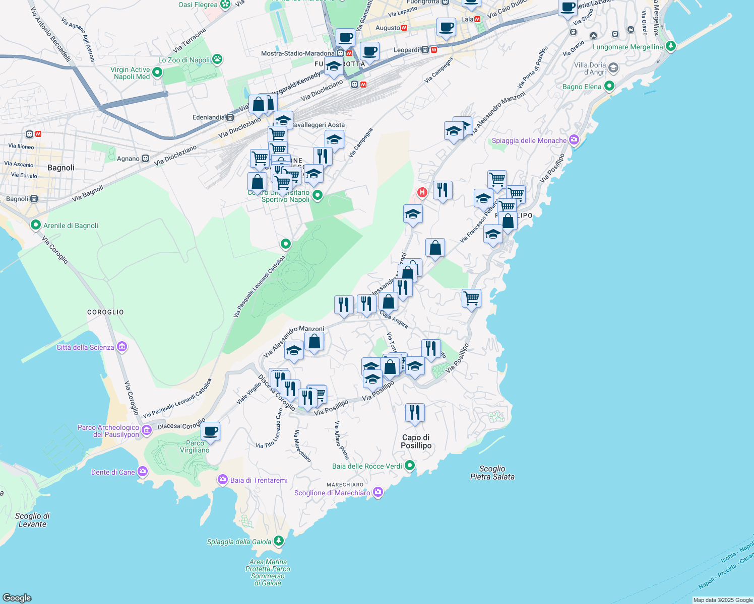 map of restaurants, bars, coffee shops, grocery stores, and more near 27 Via Francesco Petrarca in Napoli