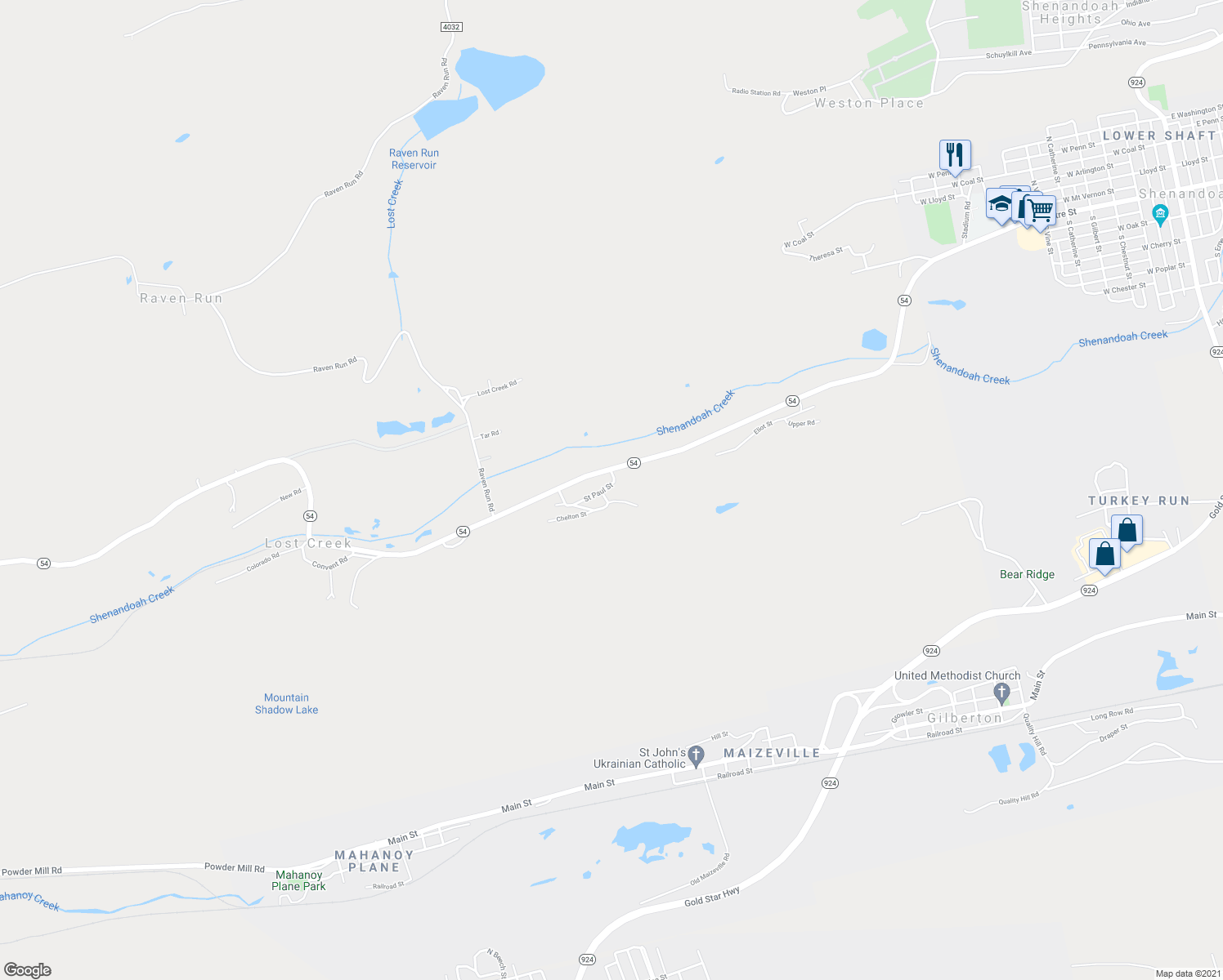 map of restaurants, bars, coffee shops, grocery stores, and more near 21 Saint Paul Street in Shenandoah