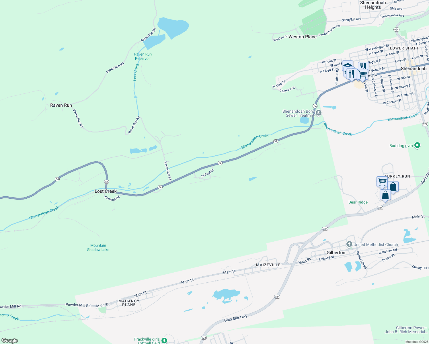 map of restaurants, bars, coffee shops, grocery stores, and more near 9 Saint Paul Street in Shenandoah