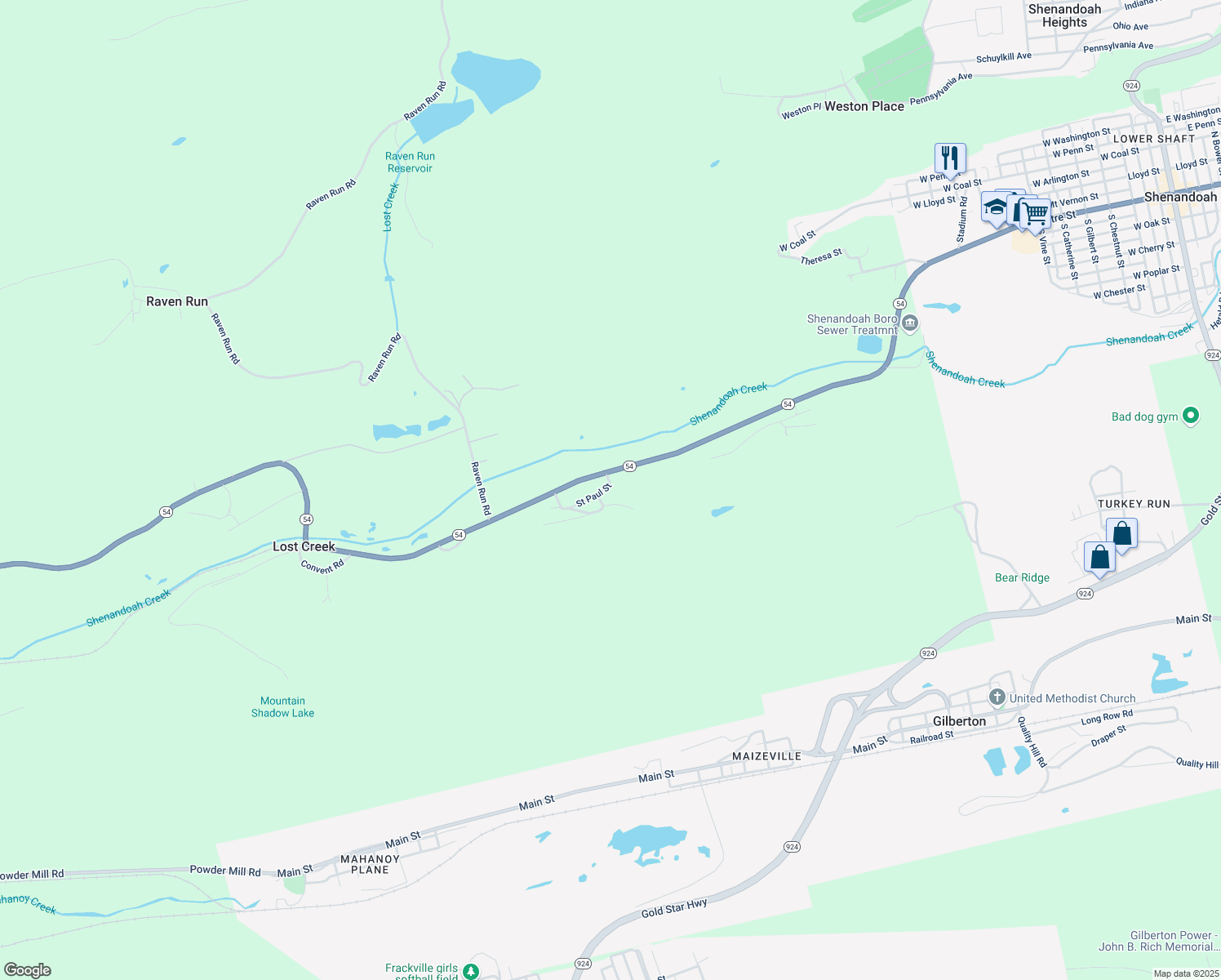 map of restaurants, bars, coffee shops, grocery stores, and more near 9 Saint Paul Street in Shenandoah