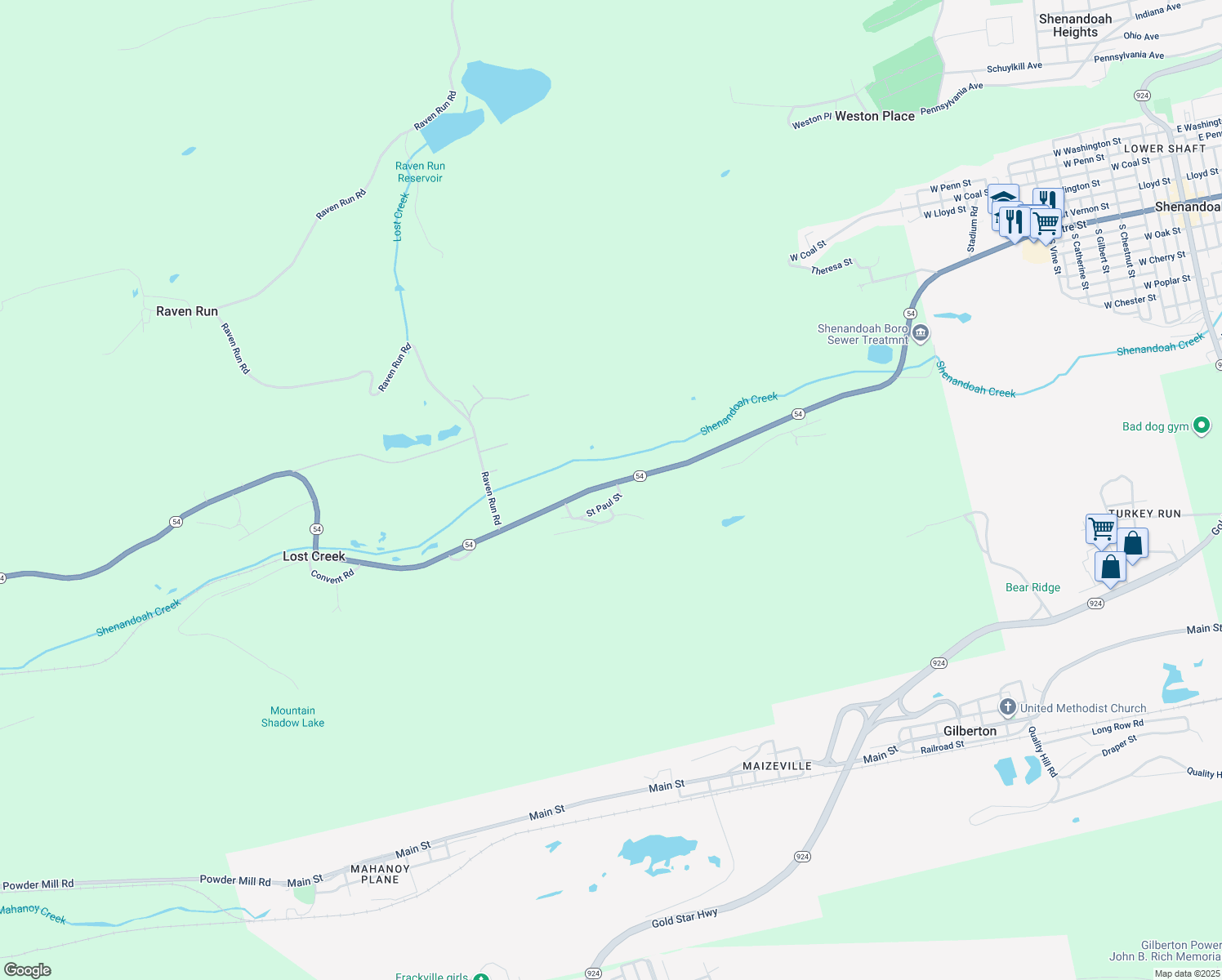 map of restaurants, bars, coffee shops, grocery stores, and more near 195 Mount Olive Boulevard in Shenandoah