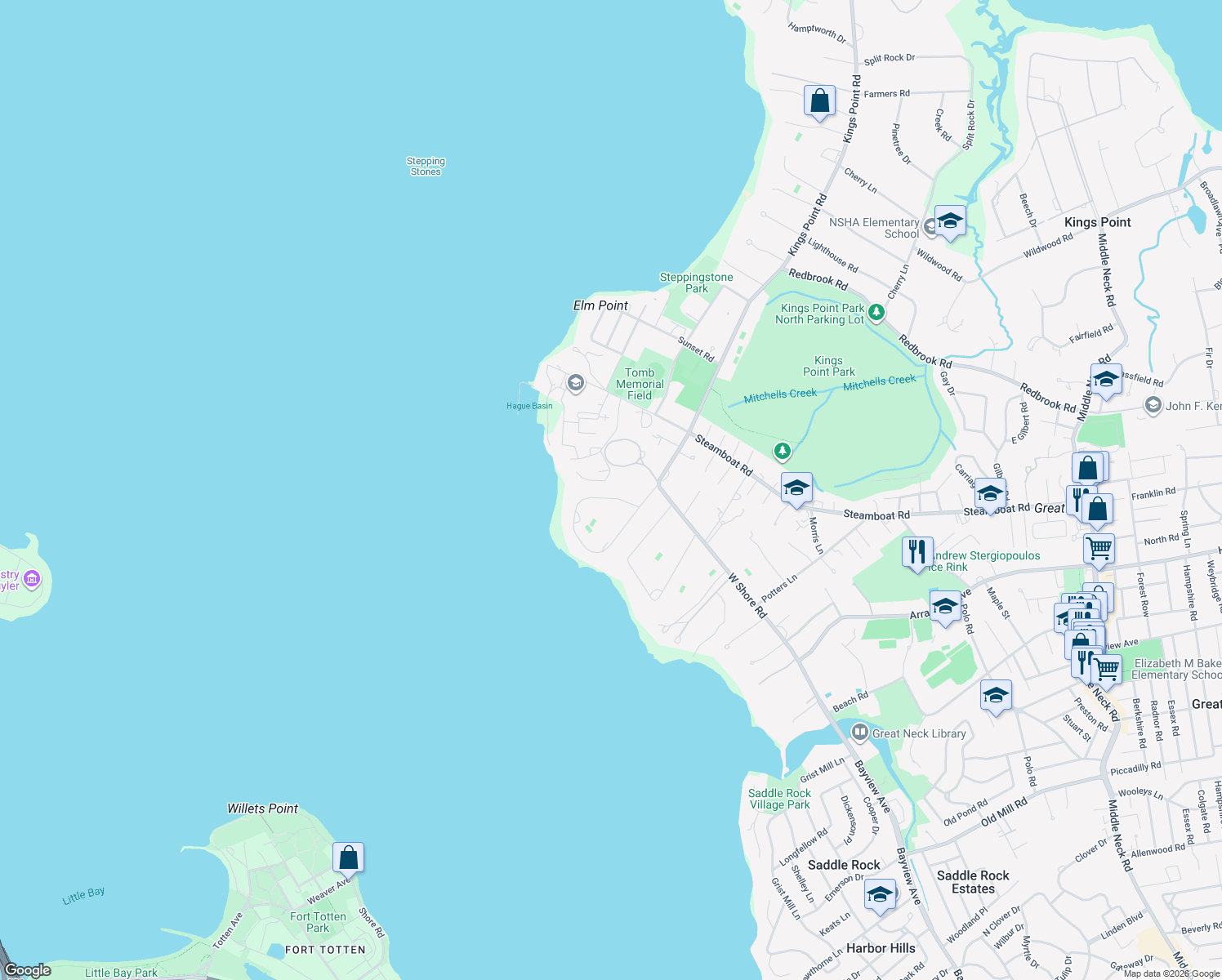 map of restaurants, bars, coffee shops, grocery stores, and more near 8 Sinclair Drive in Kings Point
