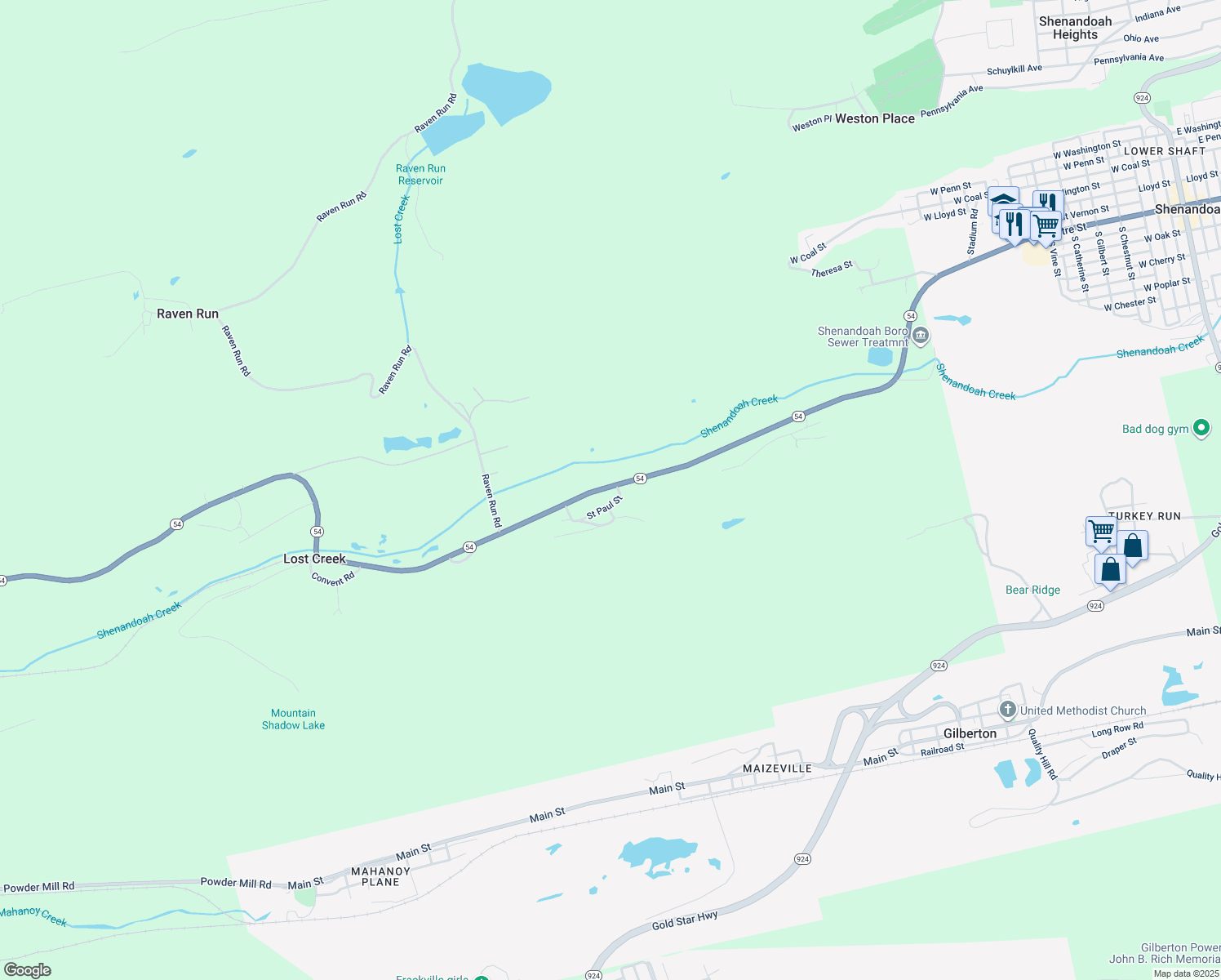 map of restaurants, bars, coffee shops, grocery stores, and more near 195 Mount Olive Boulevard in Shenandoah