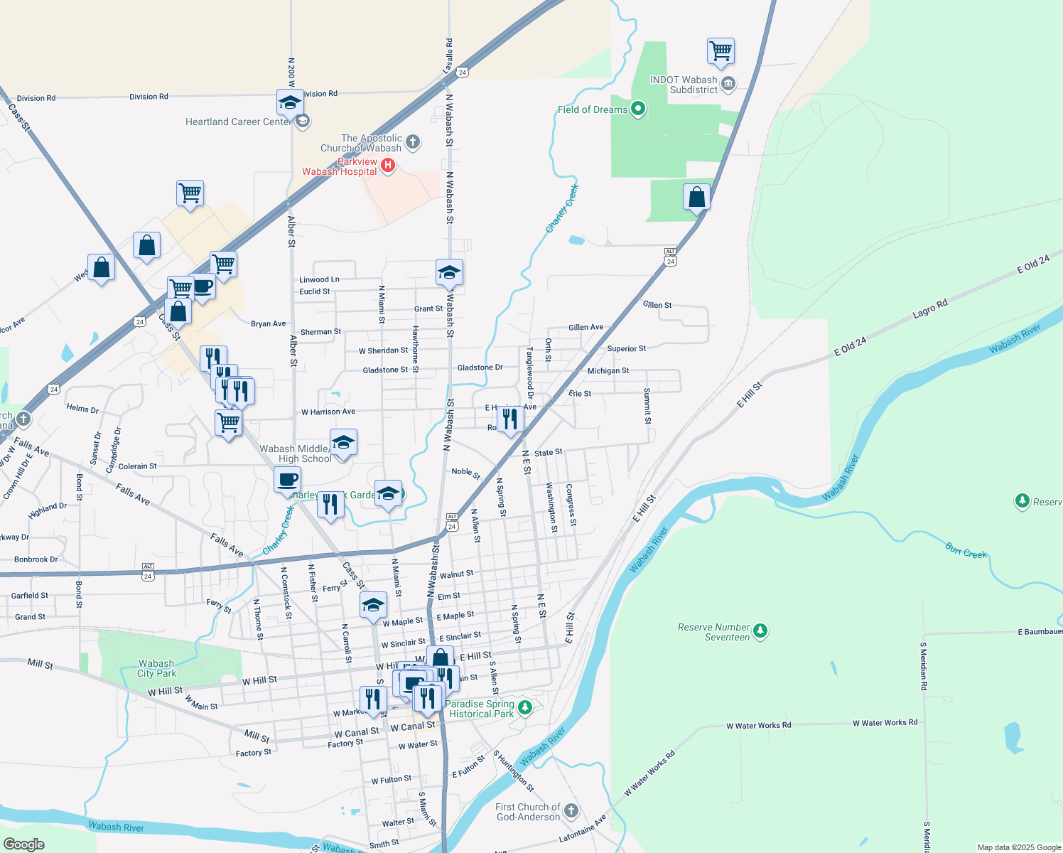 map of restaurants, bars, coffee shops, grocery stores, and more near U.S. 24 Alternate in Wabash