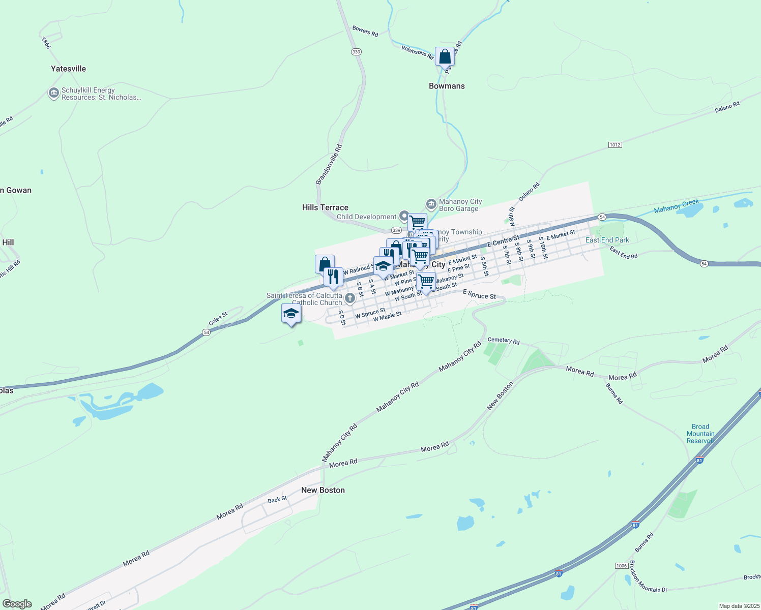 map of restaurants, bars, coffee shops, grocery stores, and more near 328 W South St in Mahanoy City