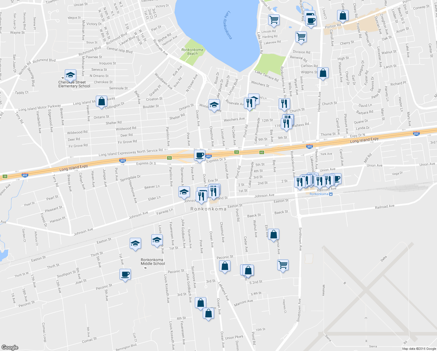 map of restaurants, bars, coffee shops, grocery stores, and more near 2536 Locust Ave in Ronkonkoma