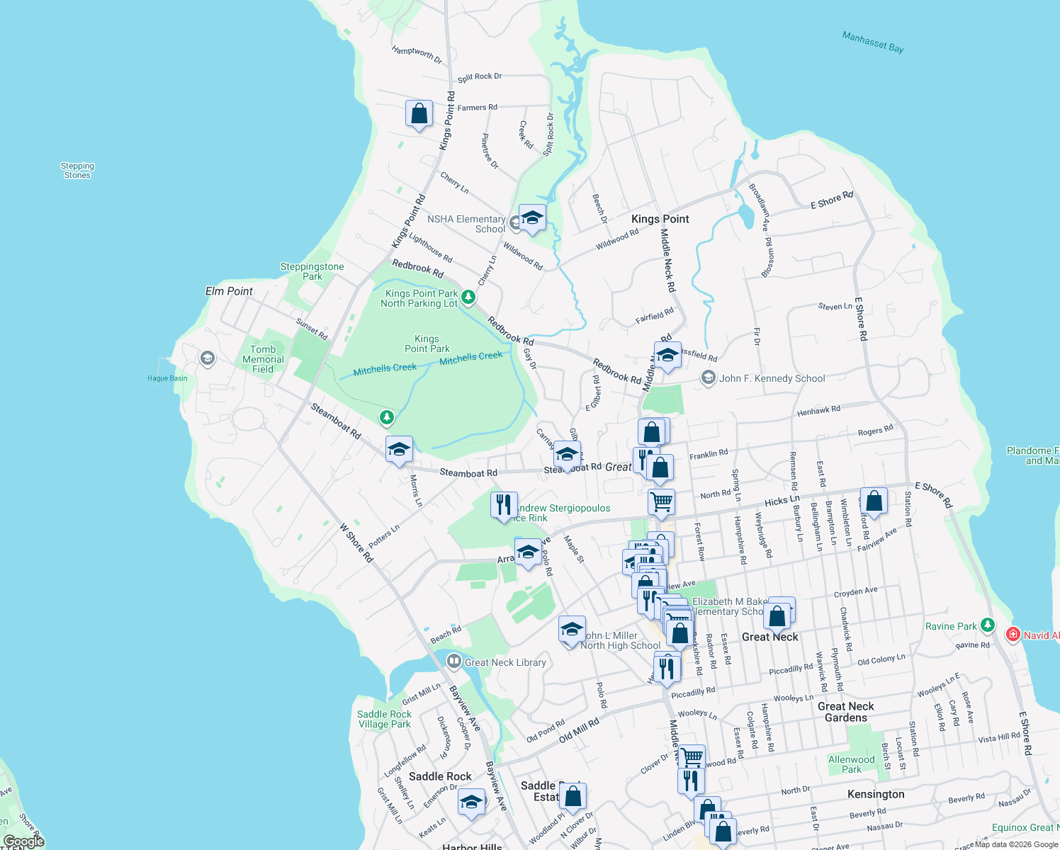 map of restaurants, bars, coffee shops, grocery stores, and more near 30 Carriage Road in Kings Point