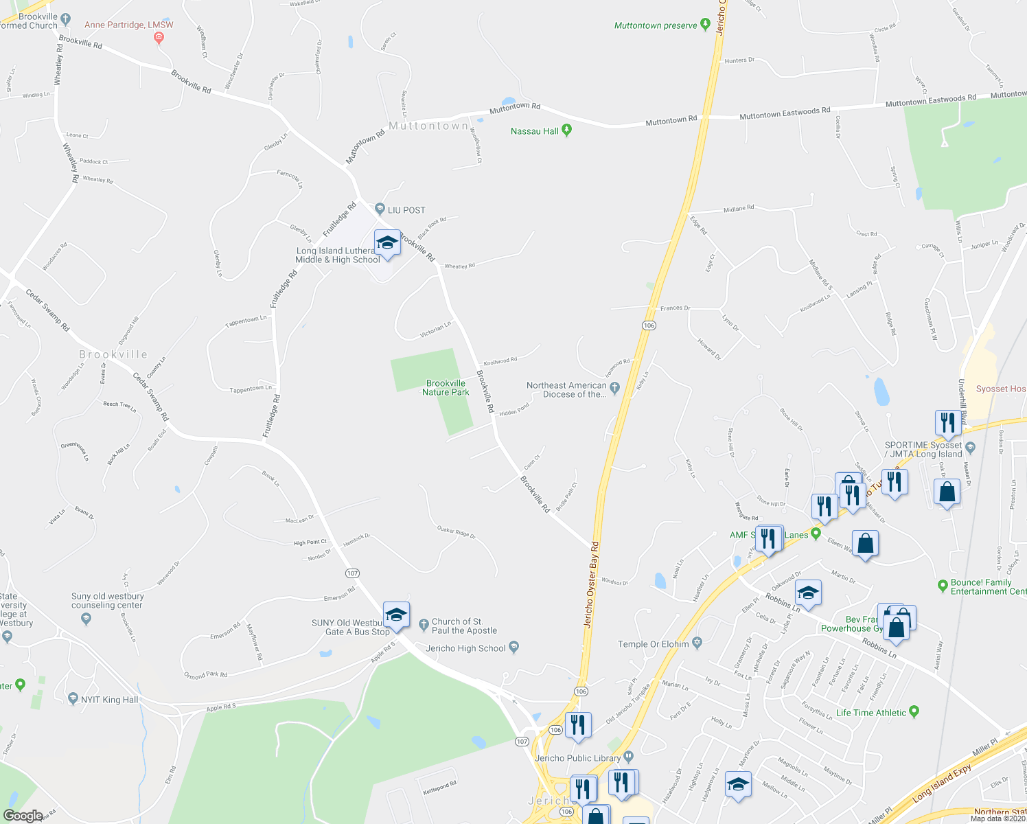 map of restaurants, bars, coffee shops, grocery stores, and more near 1 Hidden Pond in Glen Head