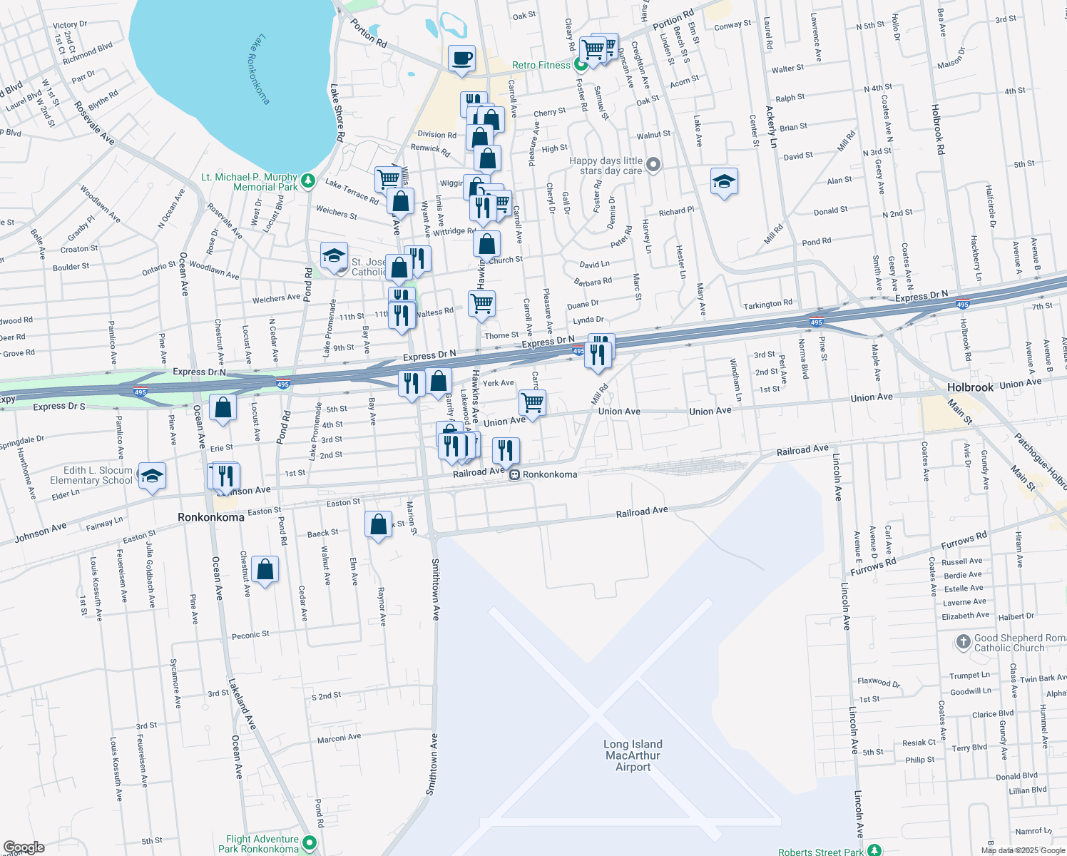 map of restaurants, bars, coffee shops, grocery stores, and more near 228 Carroll Ave in Ronkonkoma