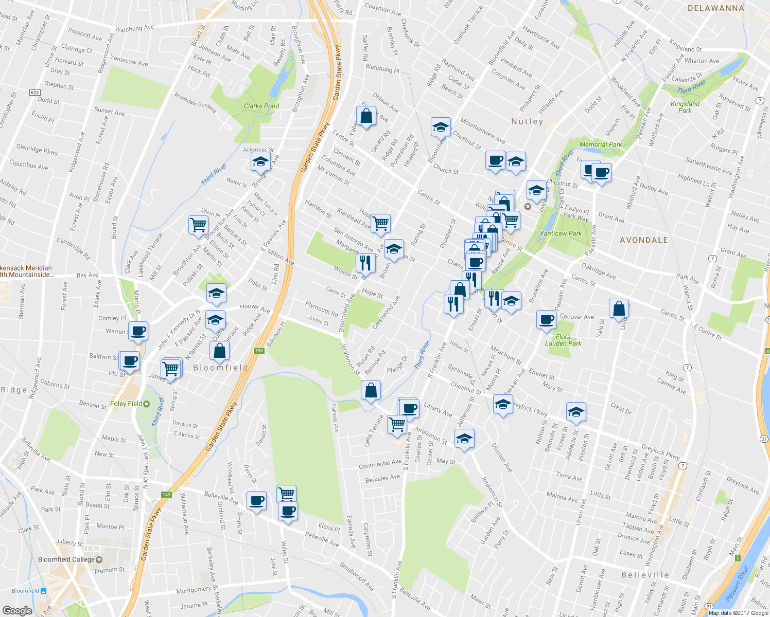 map of restaurants, bars, coffee shops, grocery stores, and more near 43 Crestwood Avenue in Nutley