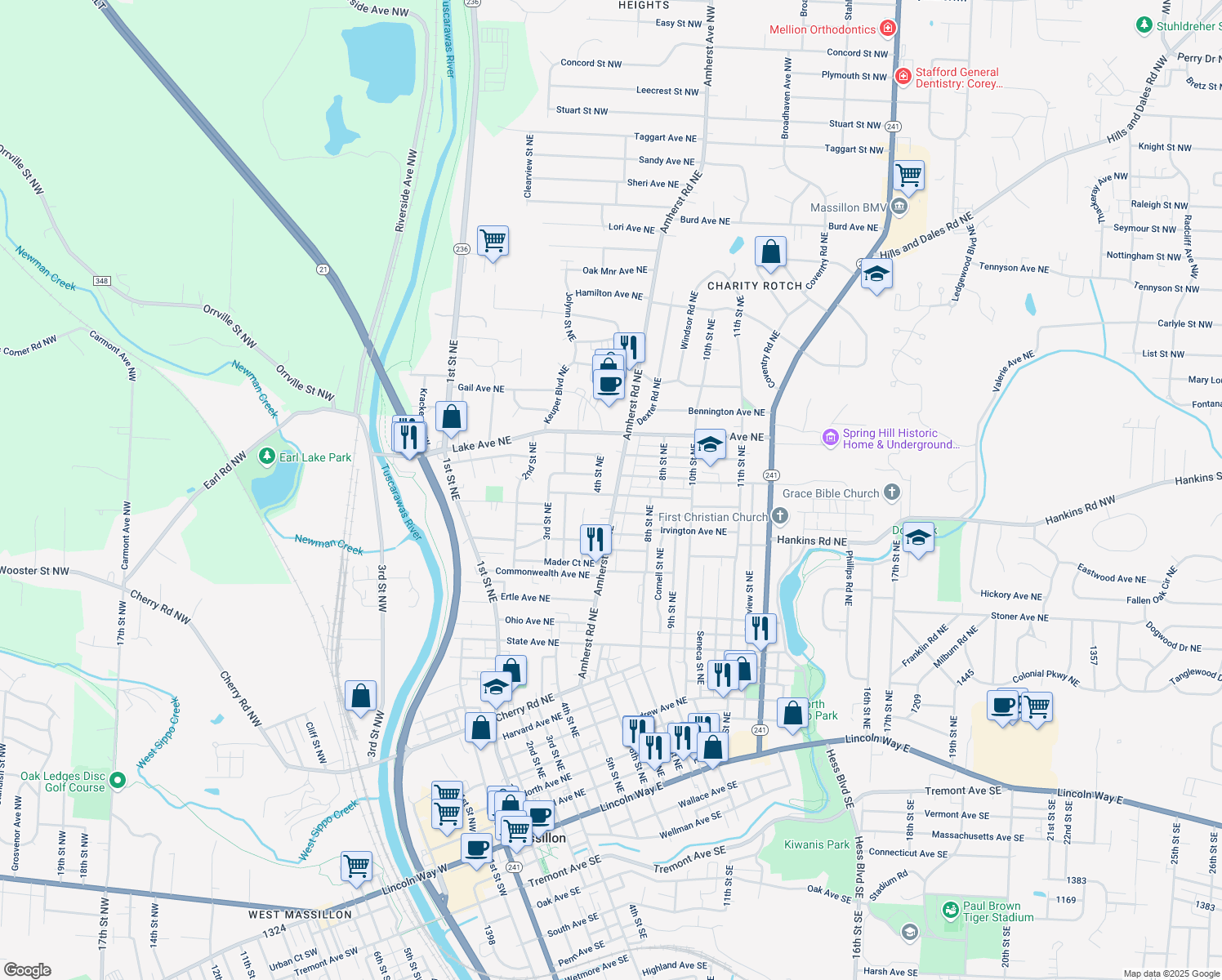 map of restaurants, bars, coffee shops, grocery stores, and more near 1105 Amherst Rd NE in Massillon