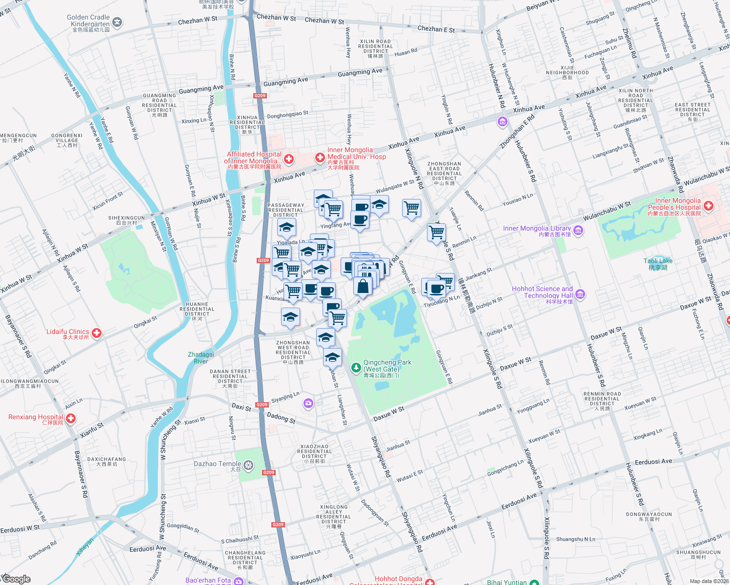 map of restaurants, bars, coffee shops, grocery stores, and more near Zhong Shan Xi Lu in Hu He Hao Te Shi