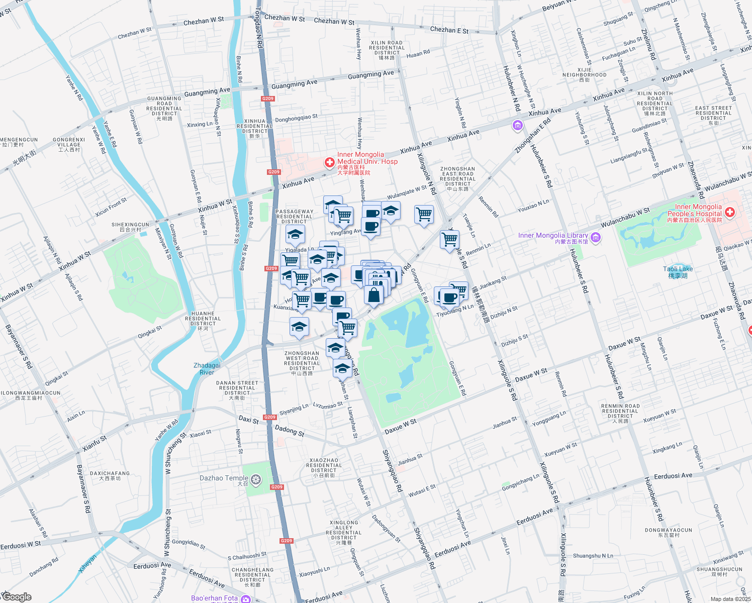 map of restaurants, bars, coffee shops, grocery stores, and more near Zhong Shan Xi Lu in Hu He Hao Te Shi
