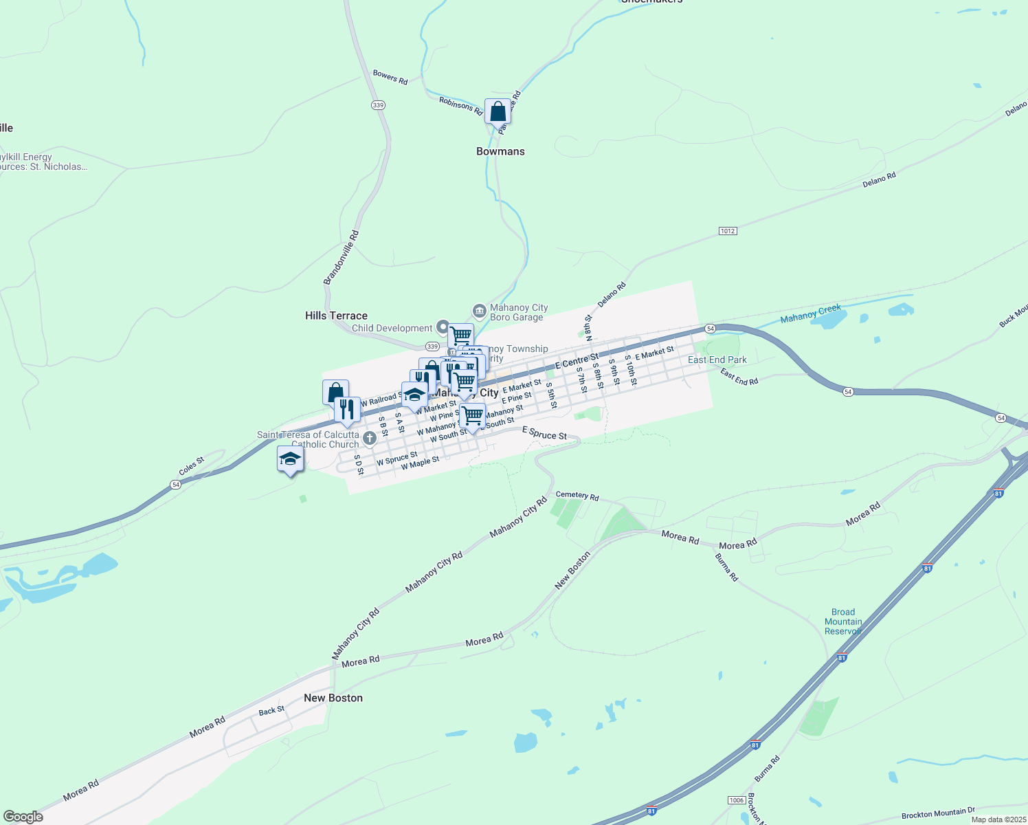 map of restaurants, bars, coffee shops, grocery stores, and more near 220 East Mahanoy Street in Mahanoy City