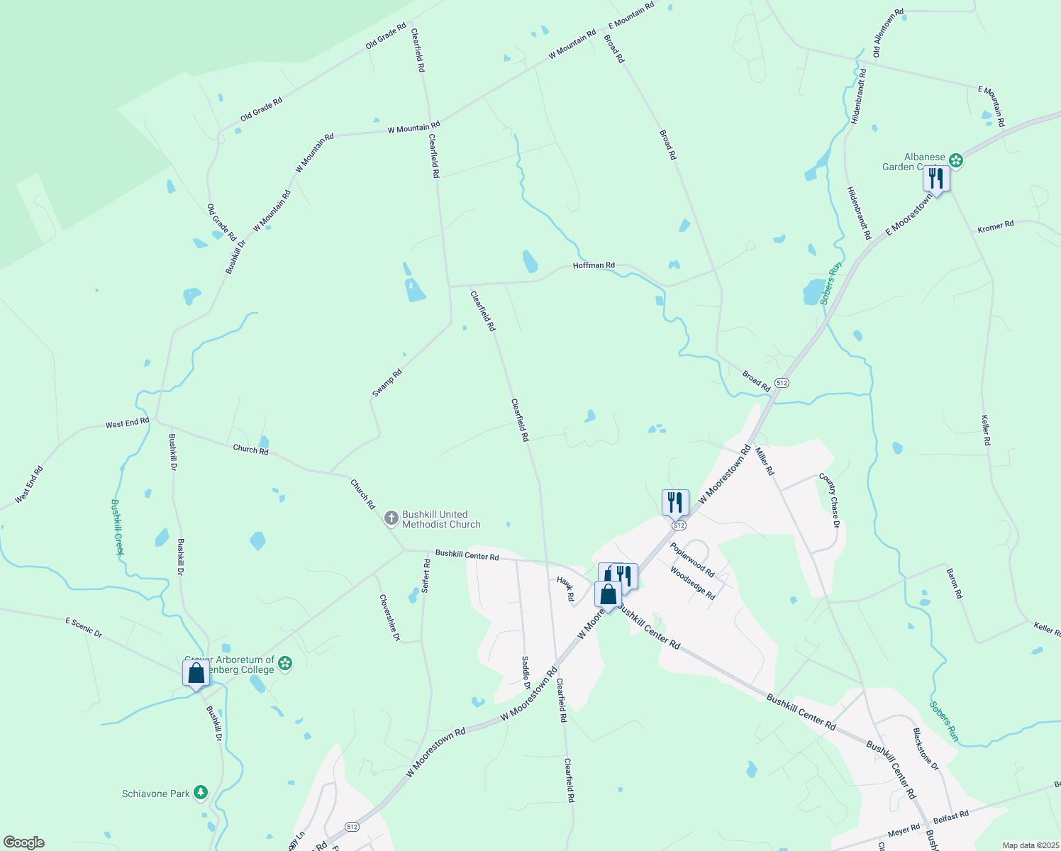 map of restaurants, bars, coffee shops, grocery stores, and more near 1410 Clearfield Road in Nazareth