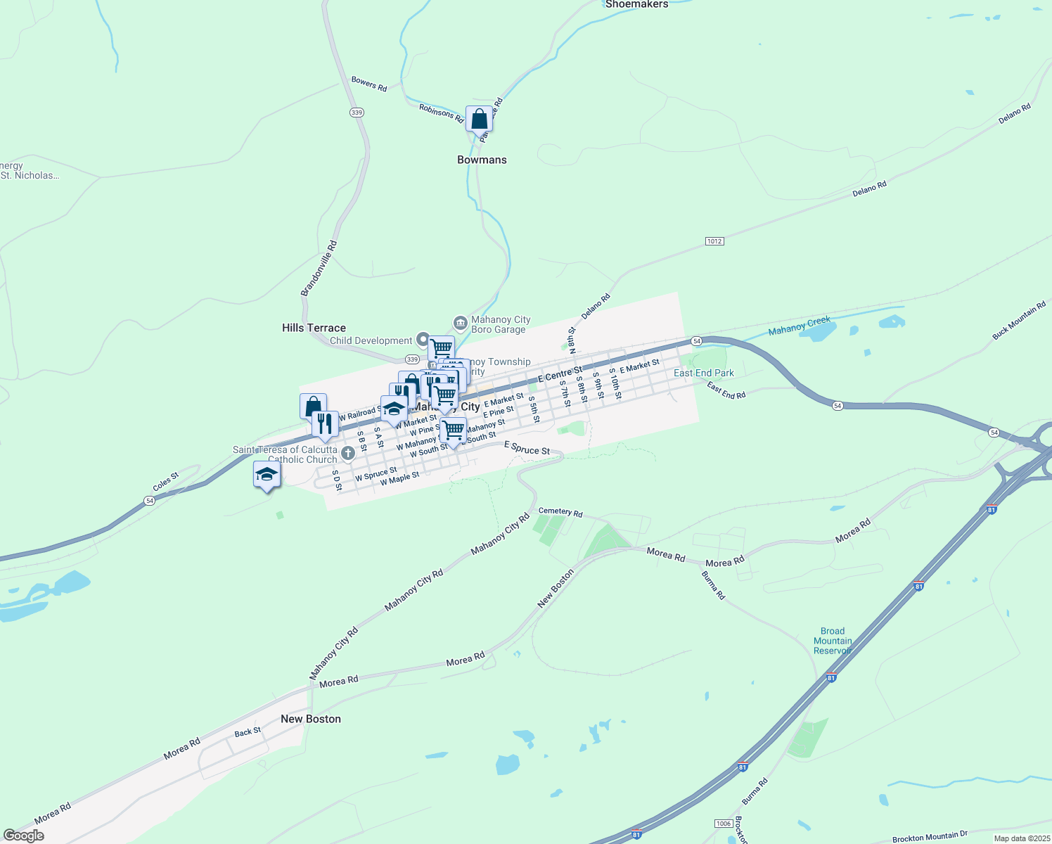 map of restaurants, bars, coffee shops, grocery stores, and more near 412 E Mahanoy St in Mahanoy City