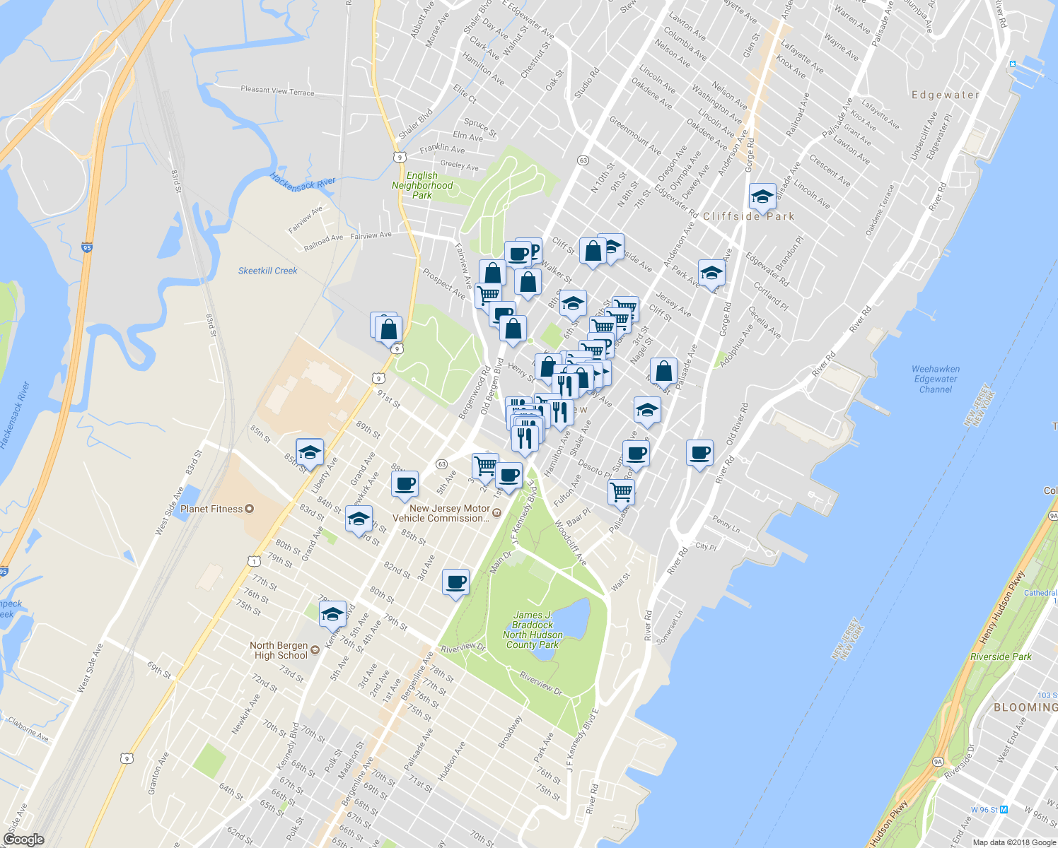 map of restaurants, bars, coffee shops, grocery stores, and more near 47 Grant Street in Fairview