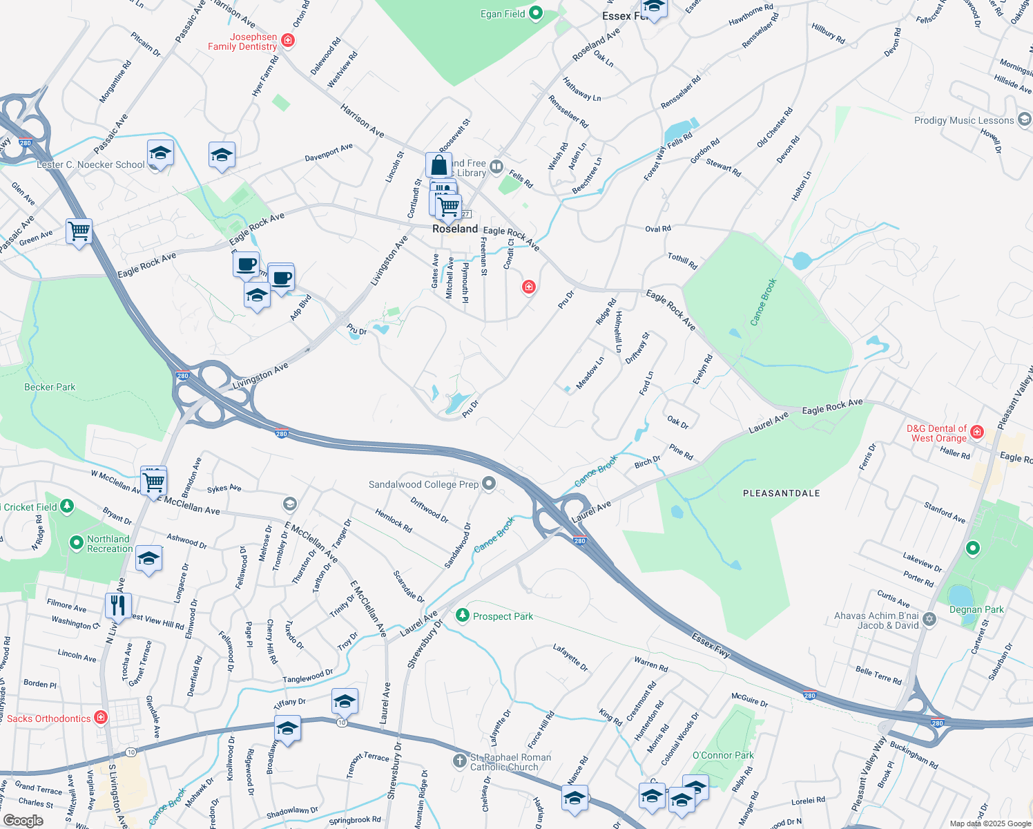 map of restaurants, bars, coffee shops, grocery stores, and more near 51 Ridge Road in Roseland