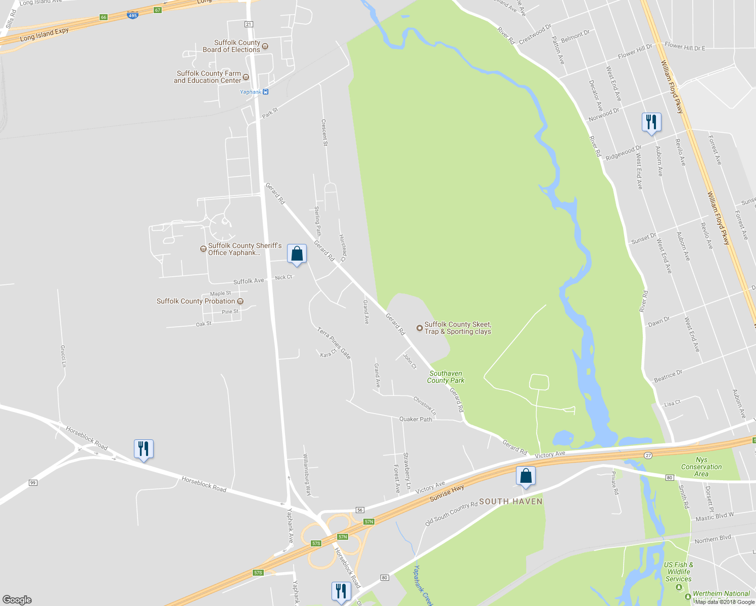 map of restaurants, bars, coffee shops, grocery stores, and more near 131 Gerard Road in Yaphank