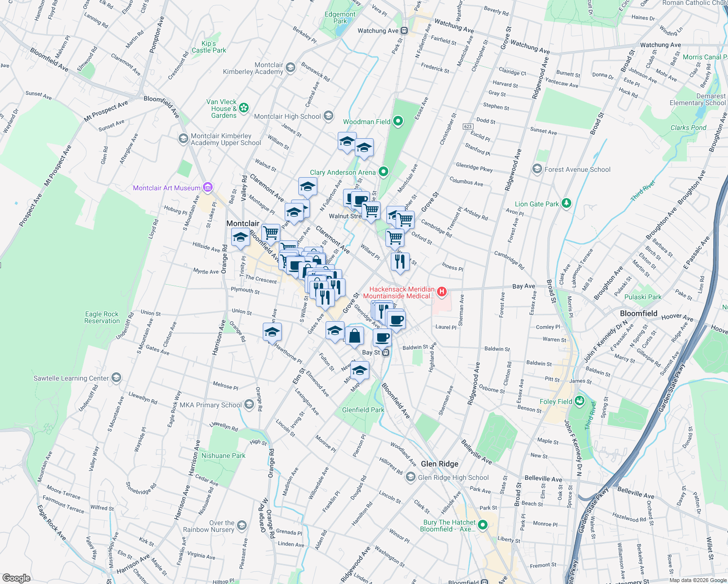 map of restaurants, bars, coffee shops, grocery stores, and more near 69 Grove Street in Montclair