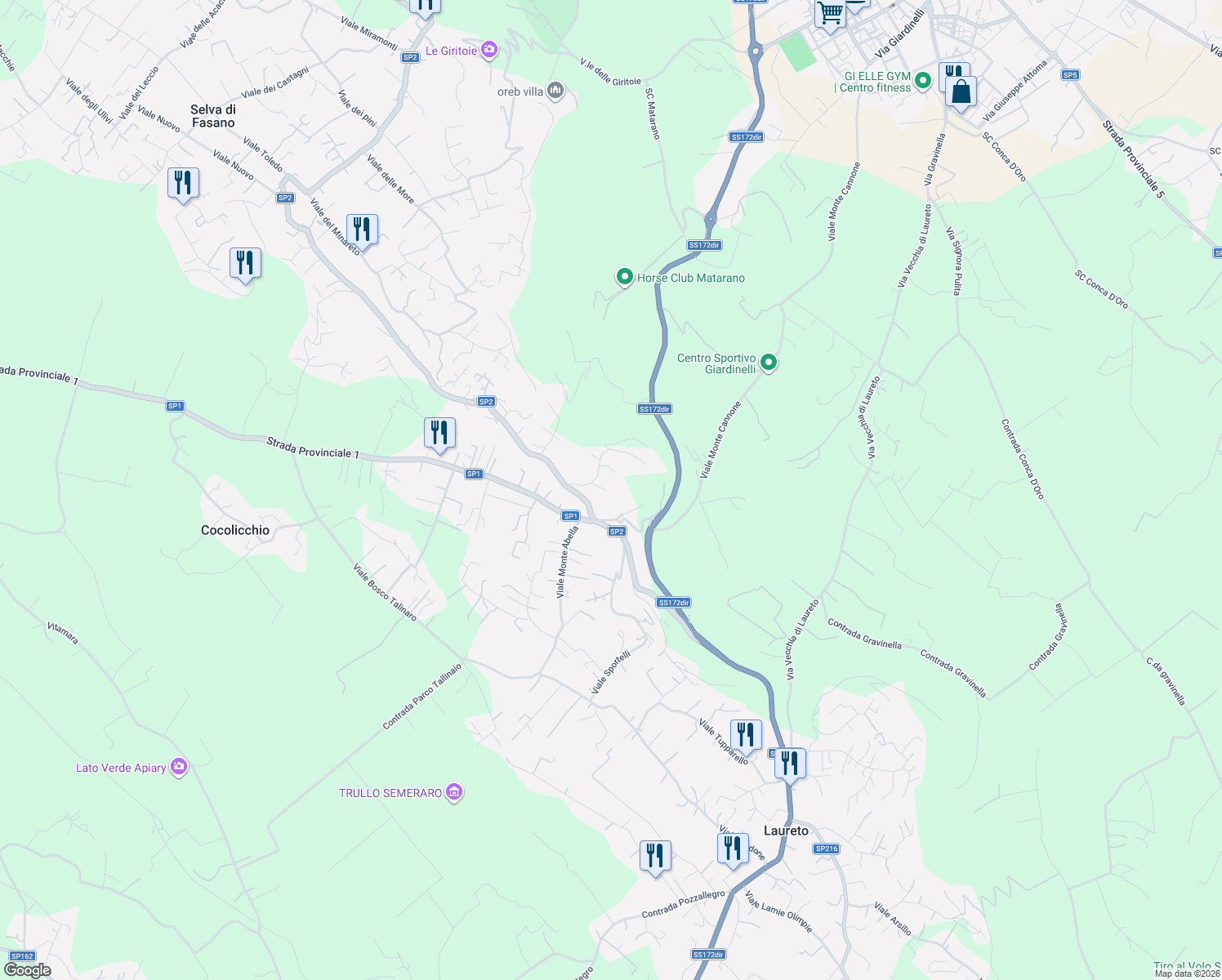 map of restaurants, bars, coffee shops, grocery stores, and more near 29 SP2 in Selva di Fasano
