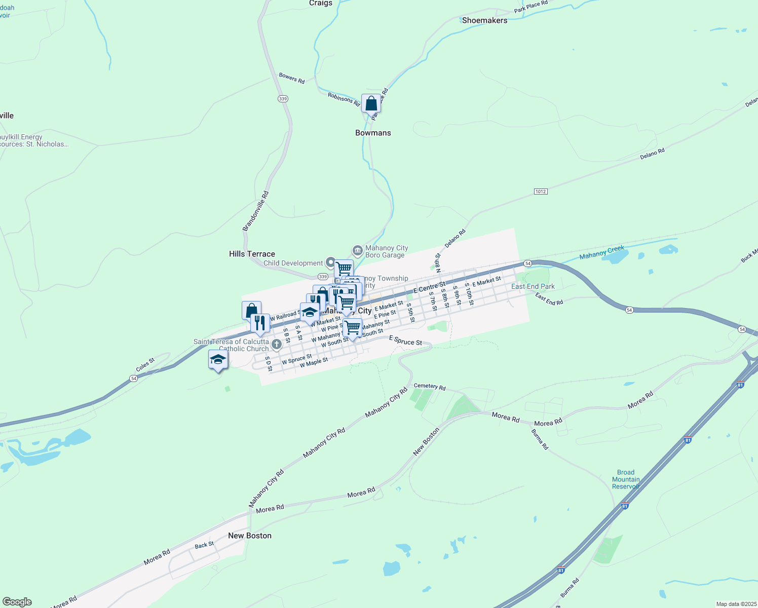 map of restaurants, bars, coffee shops, grocery stores, and more near 224 East Centre Street in Mahanoy City