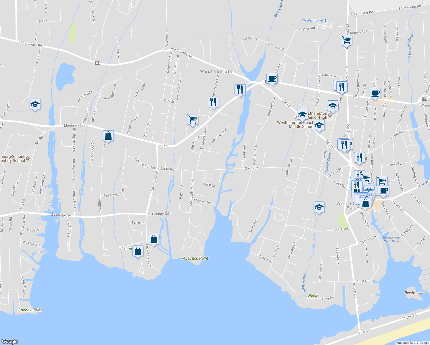 map of restaurants, bars, coffee shops, grocery stores, and more near 136 South Road in Westhampton
