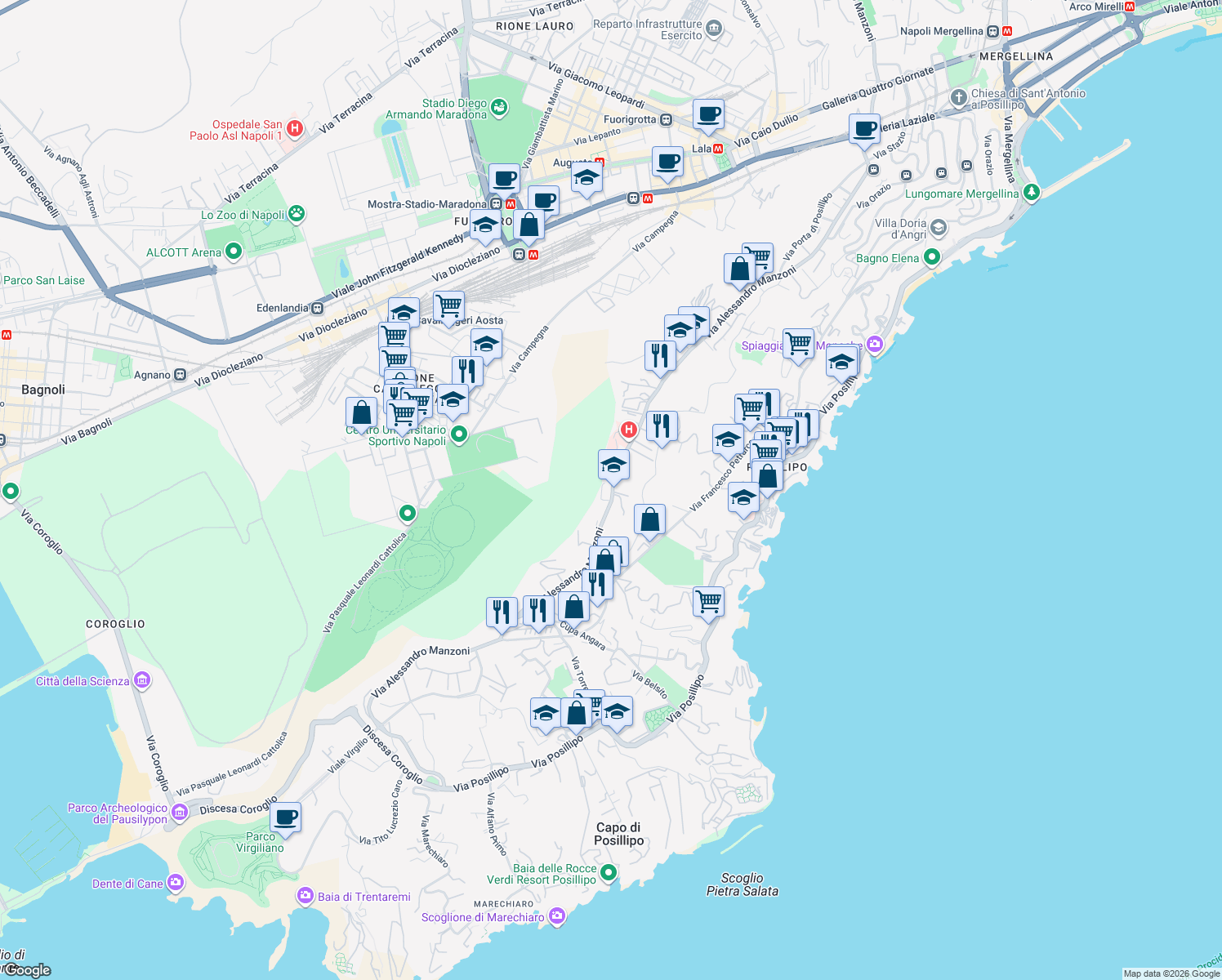 map of restaurants, bars, coffee shops, grocery stores, and more near 228 Via Alessandro Manzoni in Napoli