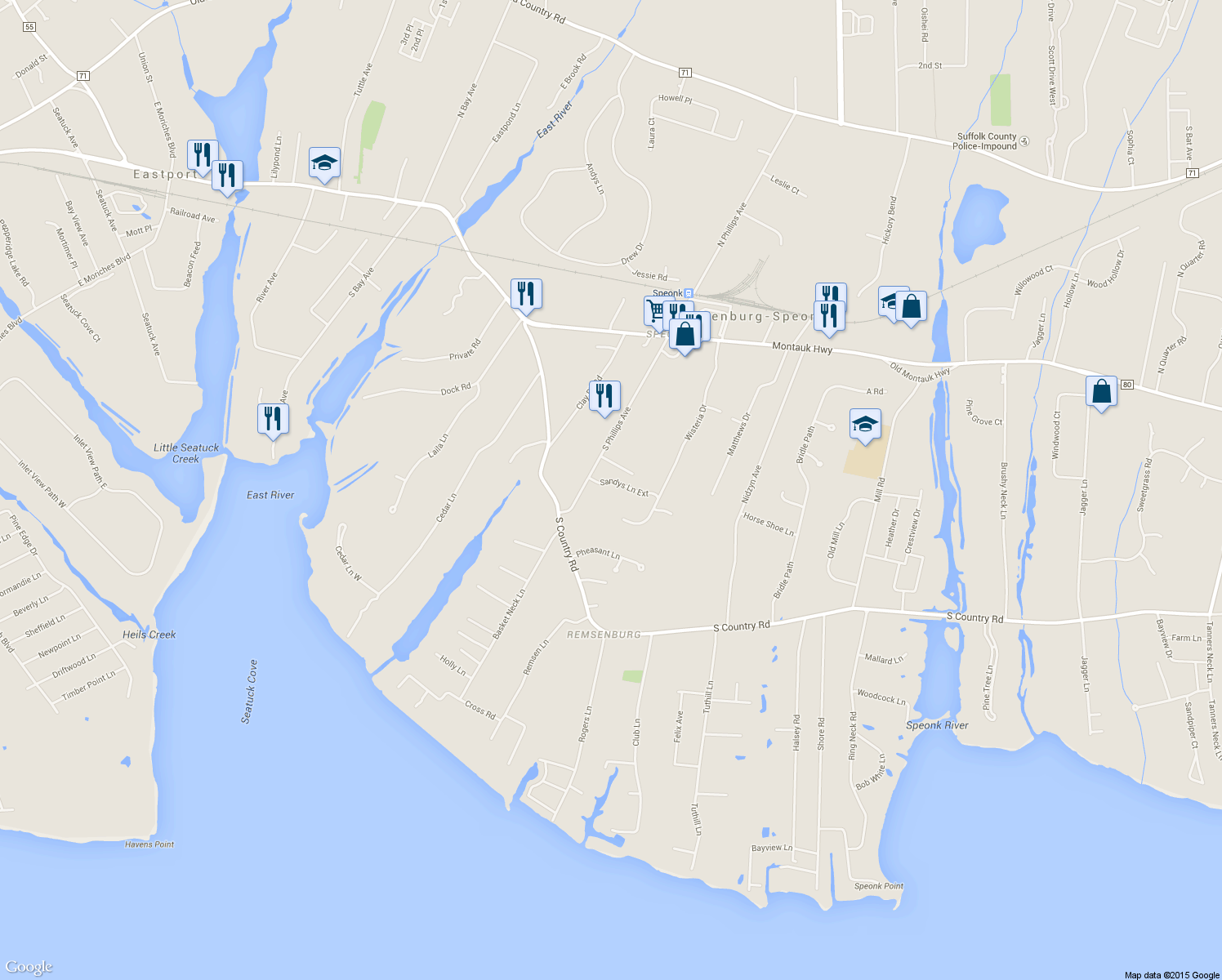 map of restaurants, bars, coffee shops, grocery stores, and more near 3 Sandys Lane in Remsenburg-Speonk