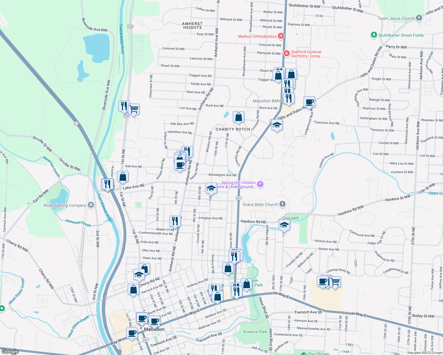 map of restaurants, bars, coffee shops, grocery stores, and more near 1041 Bennington Ave NE in Massillon