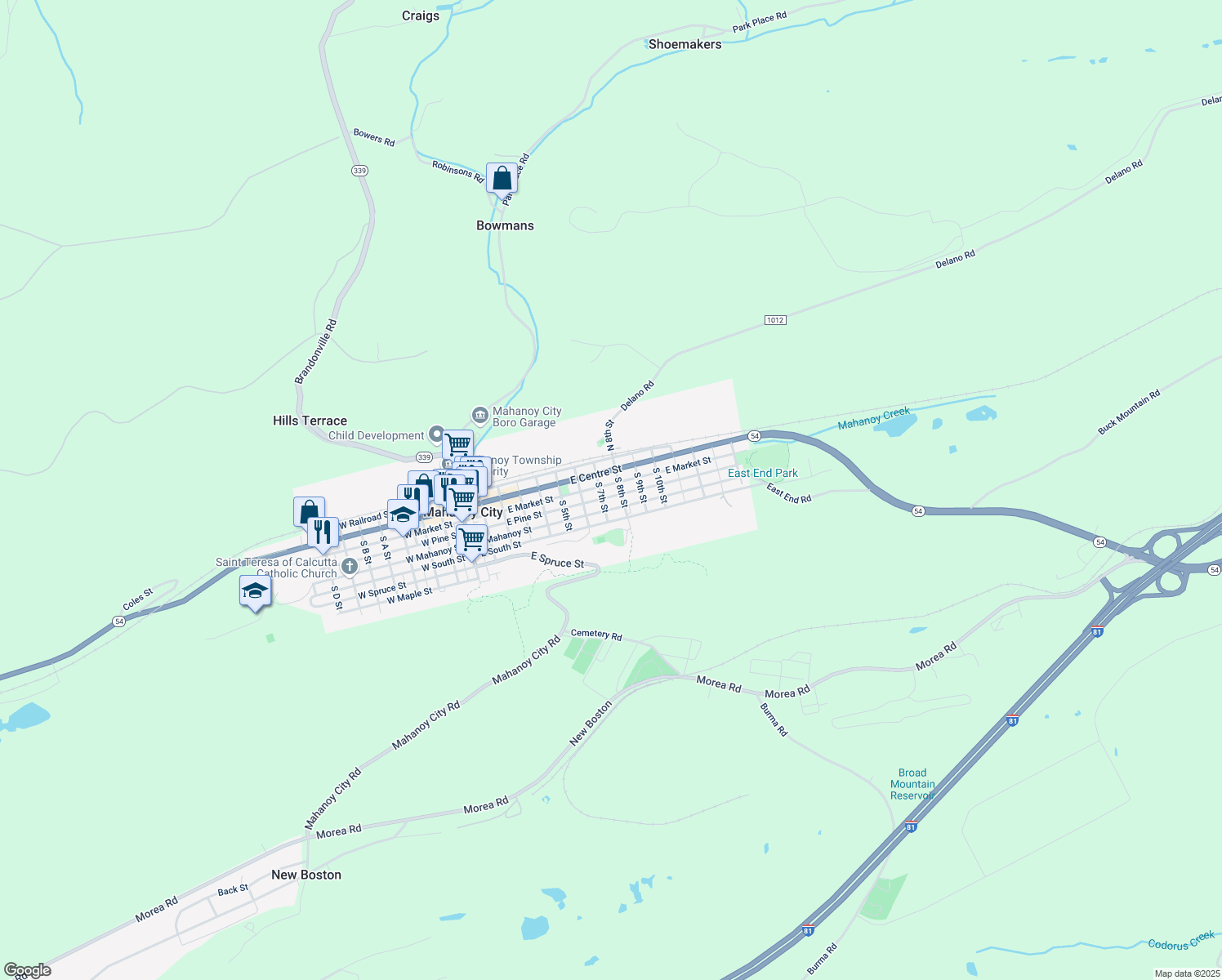 map of restaurants, bars, coffee shops, grocery stores, and more near 723 East Pine Street in Mahanoy City