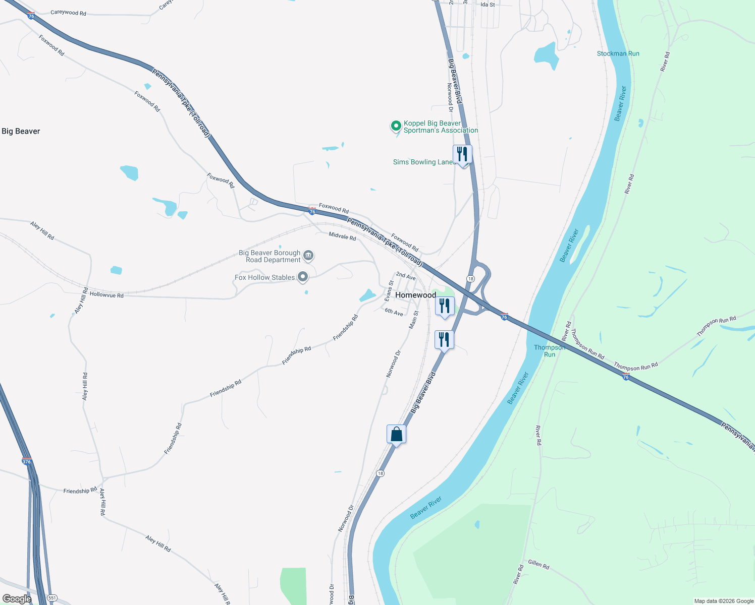 map of restaurants, bars, coffee shops, grocery stores, and more near 111 Reservoir St in Beaver Falls