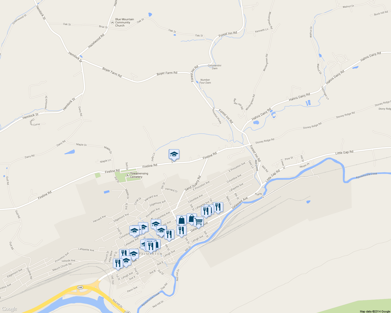 map of restaurants, bars, coffee shops, grocery stores, and more near 65 Dusty Ln in Palmerton