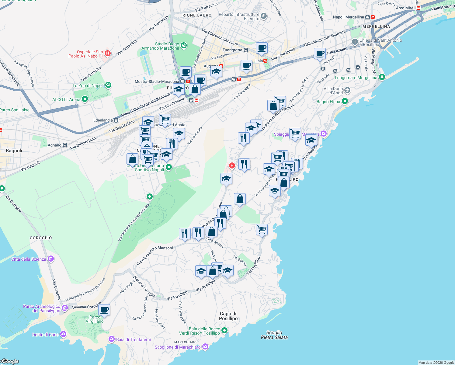 map of restaurants, bars, coffee shops, grocery stores, and more near 228 Via Alessandro Manzoni in Naples