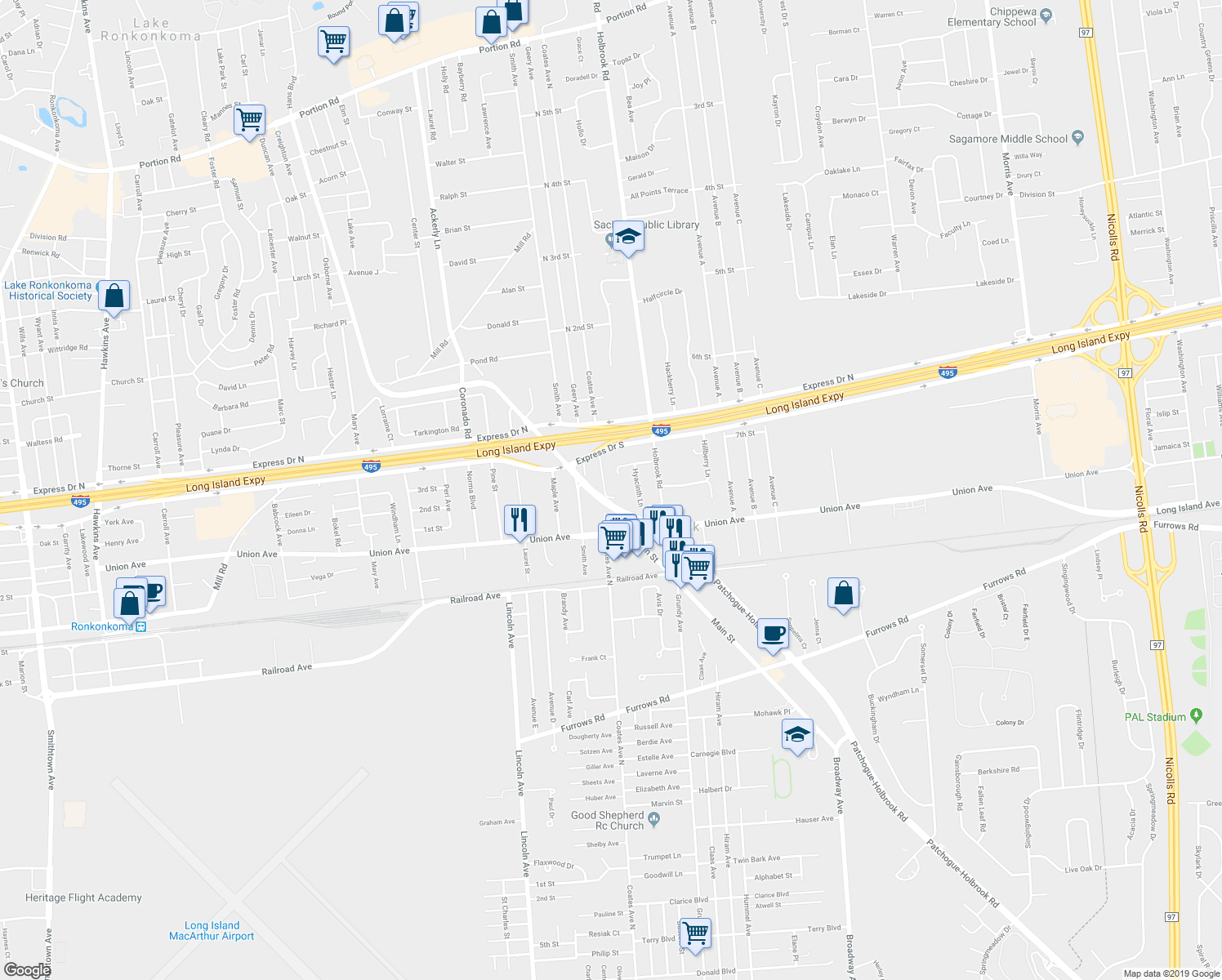 map of restaurants, bars, coffee shops, grocery stores, and more near 29 Raymond Court in Holbrook