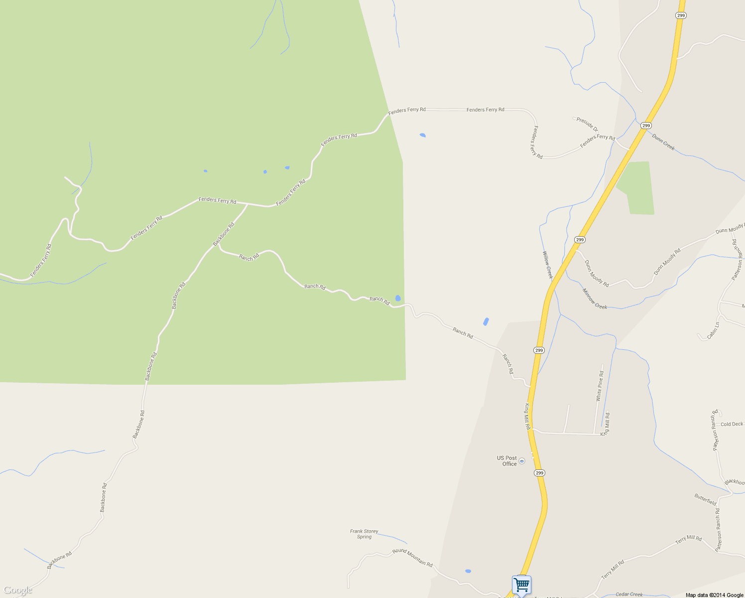 map of restaurants, bars, coffee shops, grocery stores, and more near Ranch Road in Round Mountain