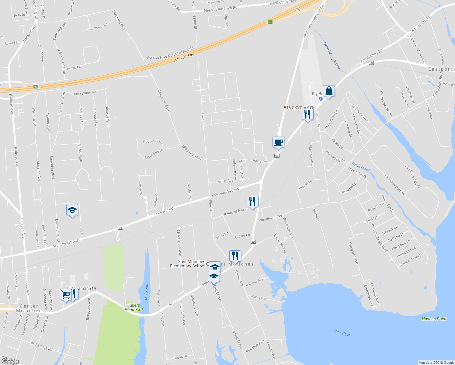 map of restaurants, bars, coffee shops, grocery stores, and more near 20 Miller Avenue in East Moriches