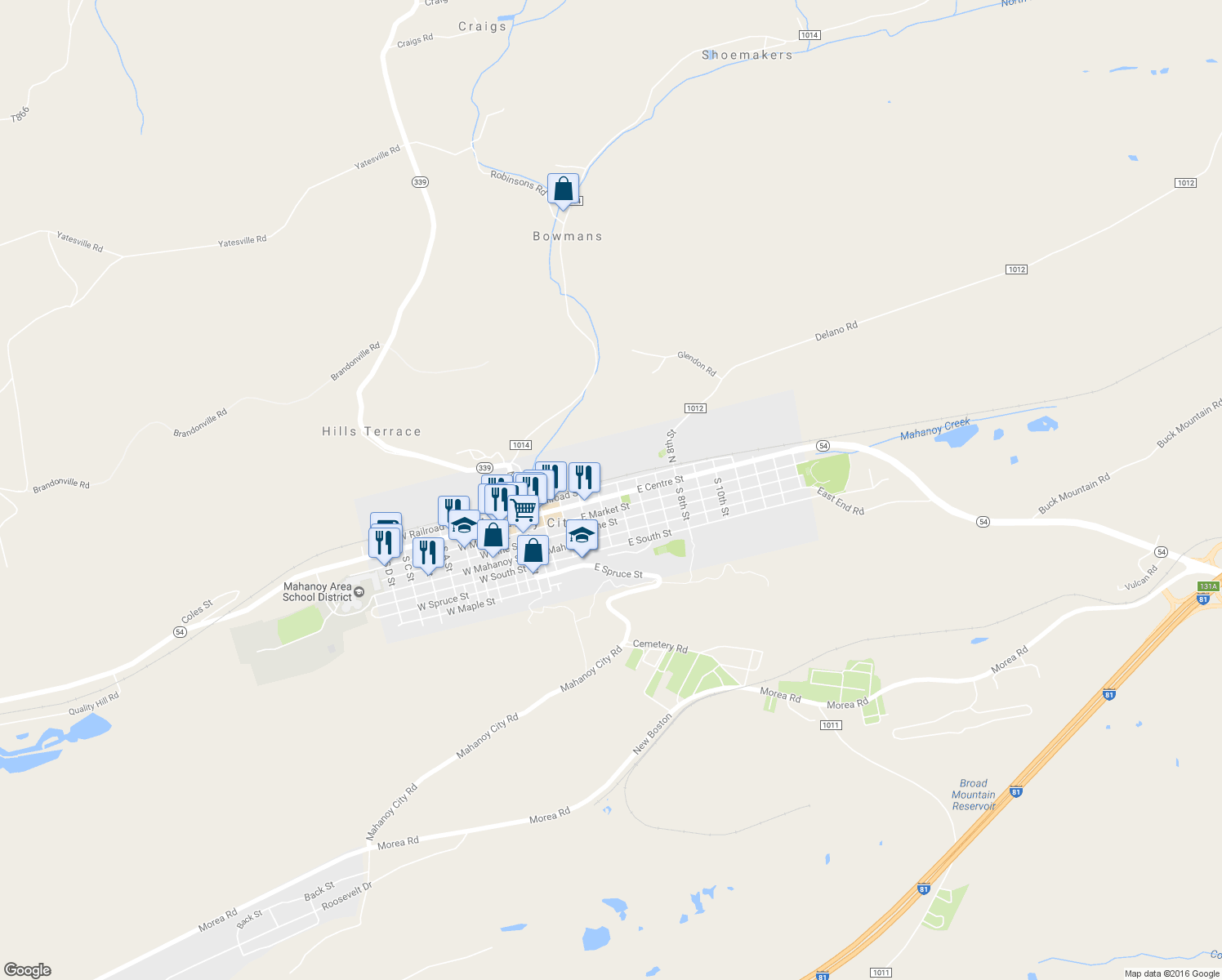 map of restaurants, bars, coffee shops, grocery stores, and more near 425 East Centre Street in Mahanoy City