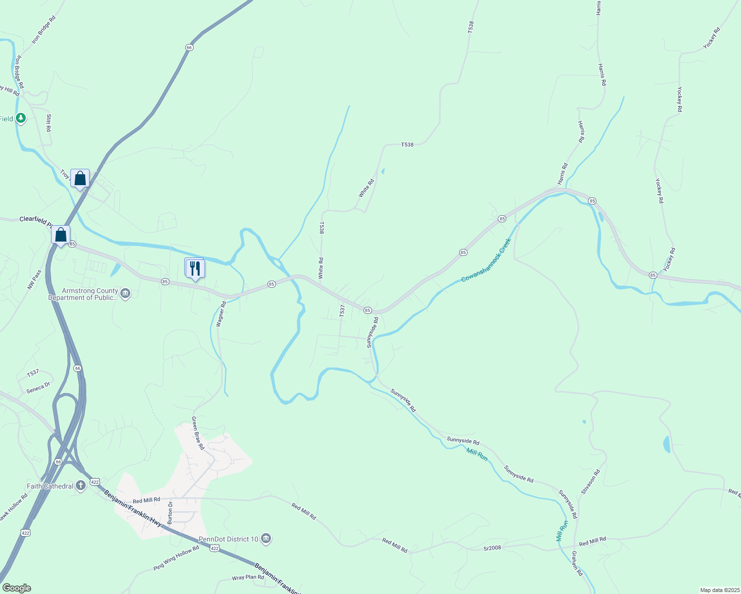 map of restaurants, bars, coffee shops, grocery stores, and more near 11672 Pennsylvania 85 in Kittanning