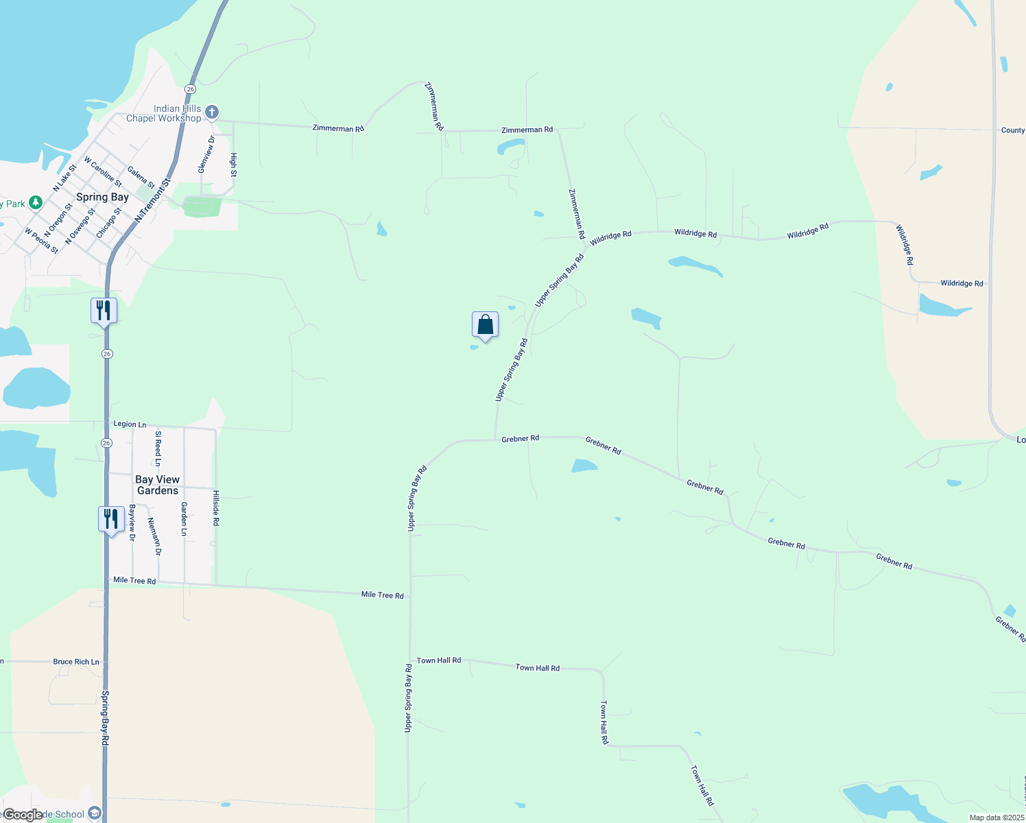map of restaurants, bars, coffee shops, grocery stores, and more near 1554-1582 Upper Spring Bay Road in Metamora