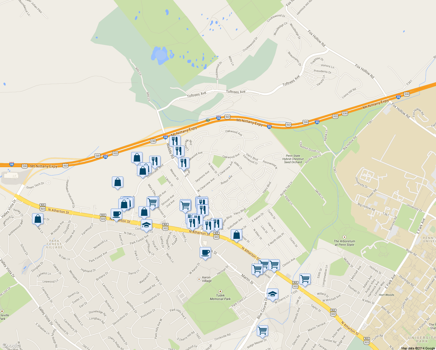 map of restaurants, bars, coffee shops, grocery stores, and more near 139 E Clearview Ave in State College
