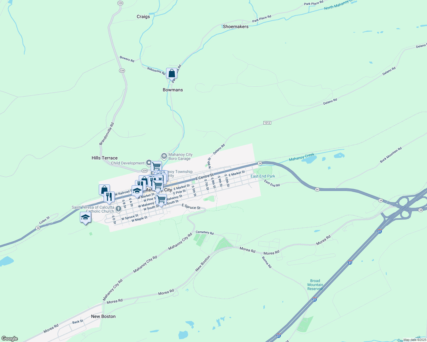 map of restaurants, bars, coffee shops, grocery stores, and more near 818 East Railroad Street in Mahanoy City