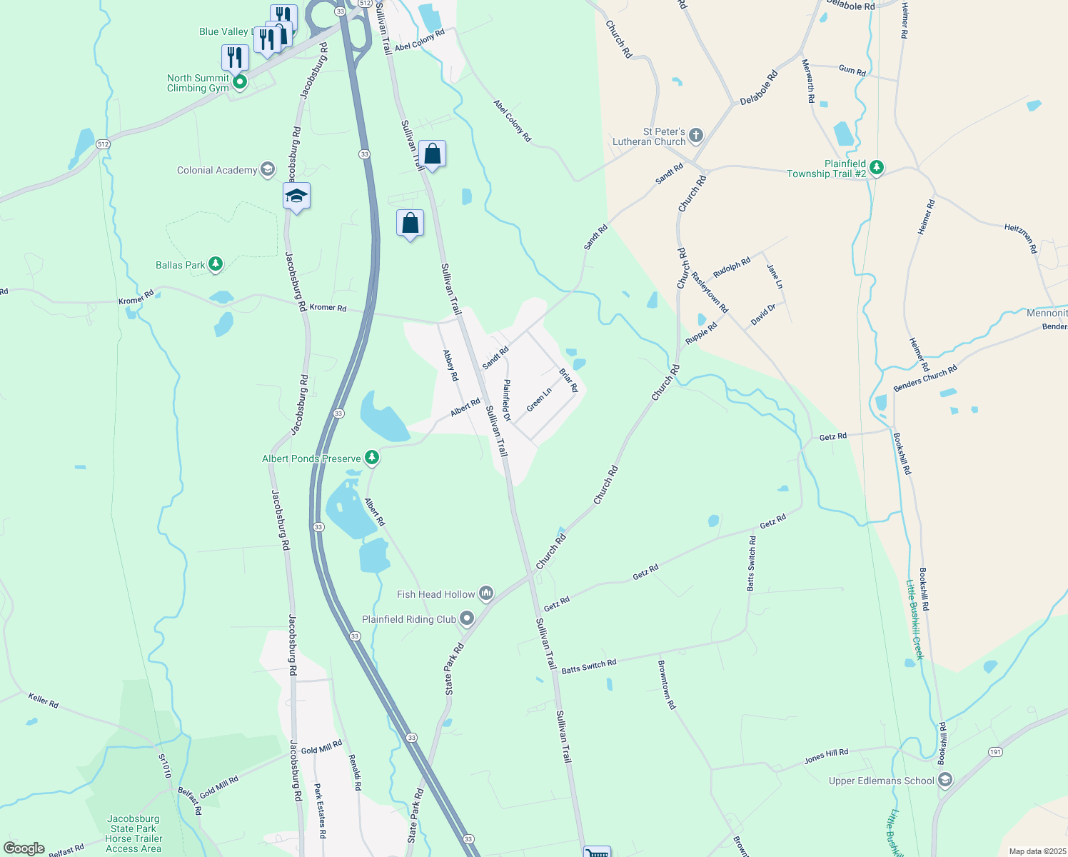 map of restaurants, bars, coffee shops, grocery stores, and more near 525 Briar Rd in Pen Argyl